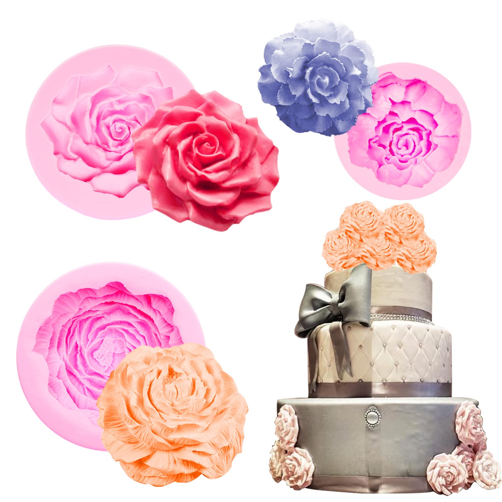 Large Rose Flower Silicone Molds Chocolate, 3 Packs Peony Carnation 3D Fondant Molds For Wedding Cake Decoration, Birthday Cupca