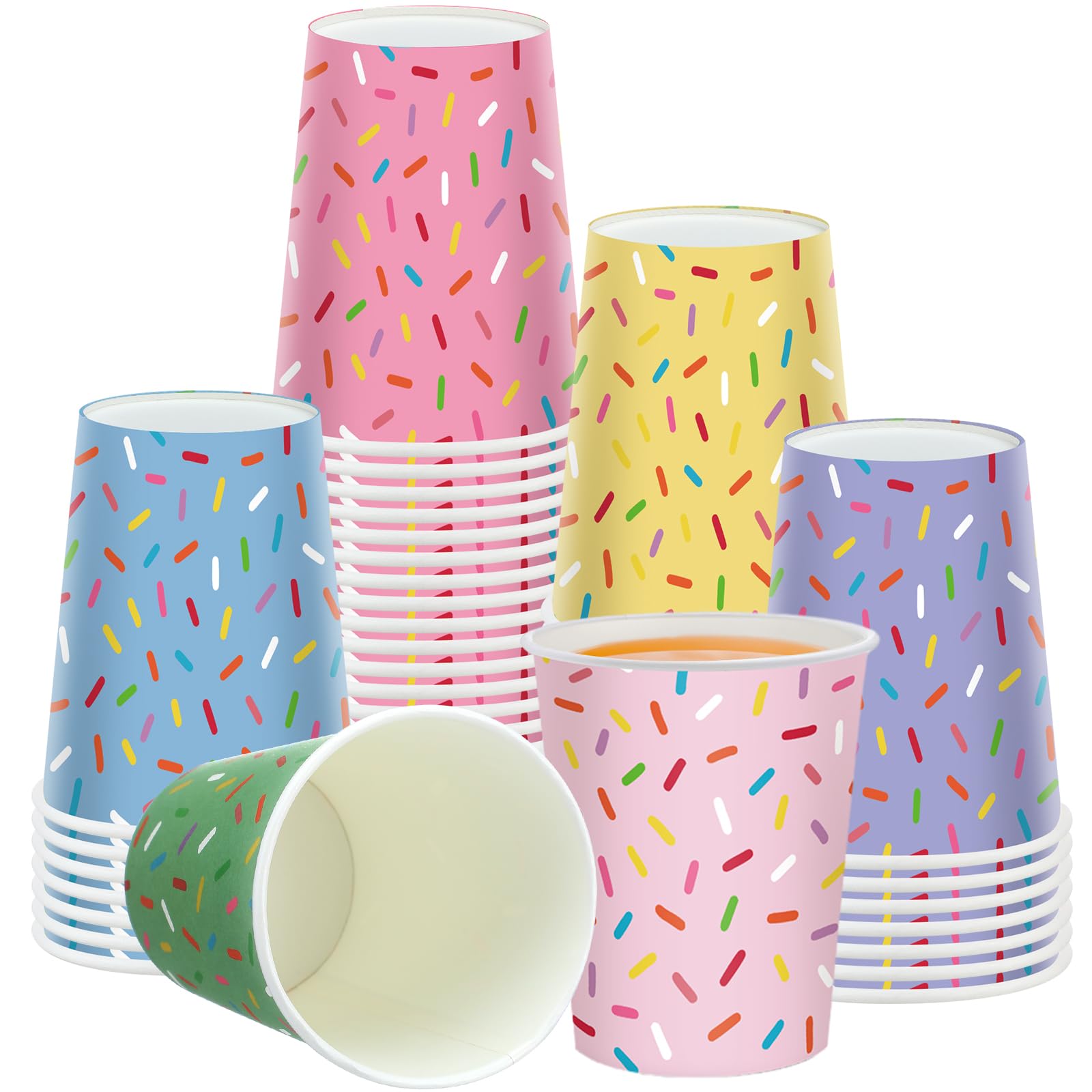 Yungyan 60 Set 6 Colors Sprinkle Paper Cups Bulk 9 oz Confetti Donut Sprinkles Party Cups Sturdy Disposable for Sweet Party Supp