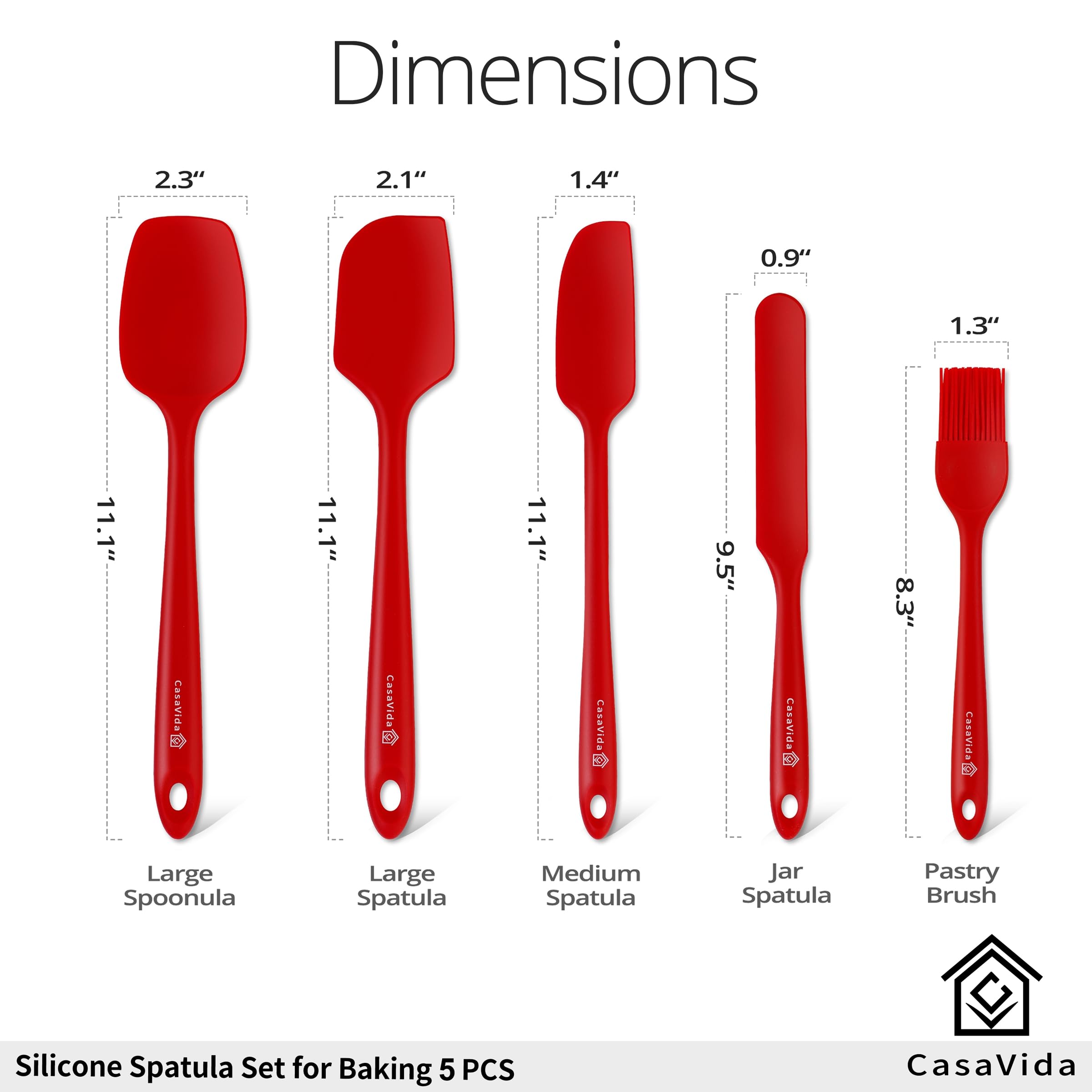 Casavida Silicone Spatula Set 5Pcs Red High Heat Resistant Non Stick Bakery Flexible Bpa Free Dishwasher Safe Kitchen Utensils B