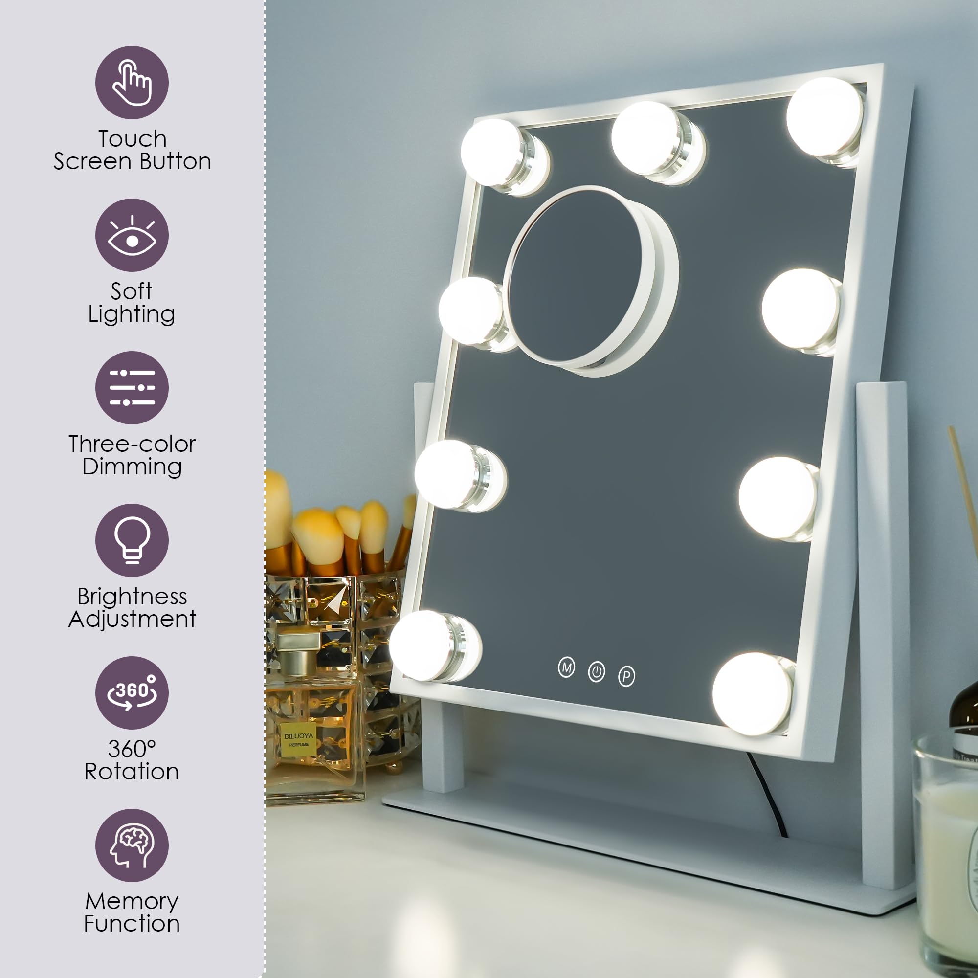 Sucedey Vanity Mirror with Lights, Makeup Mirror with Lights, 3 Color Lighting Modes Detachable 10X Magnification Mirror Touch C