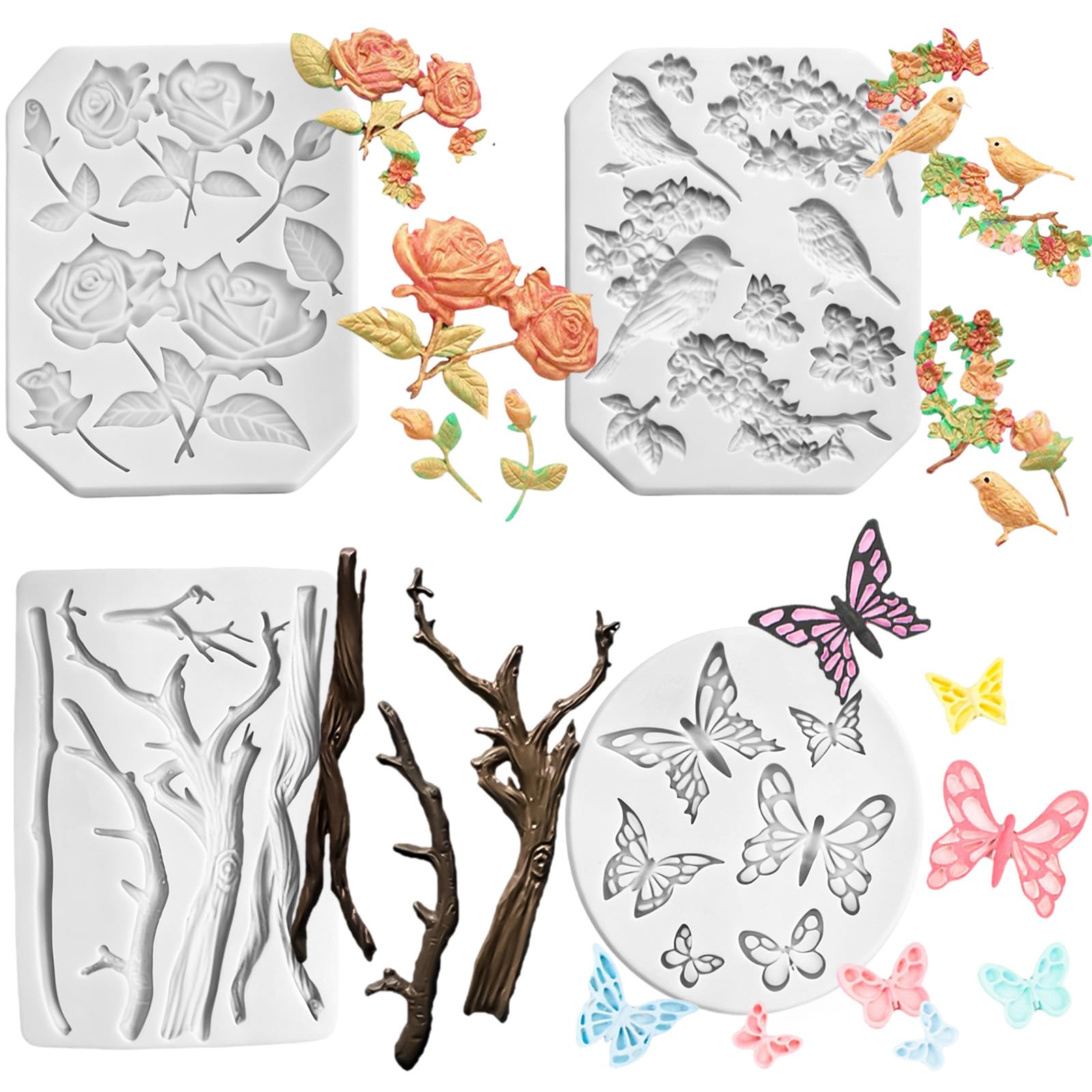 4 Pack Butterfly Rose Flower Stems Birds Blossoms Twig Silicone Fondant Mold, for Making Chocolate Fondant Jelly Polymer Clay So