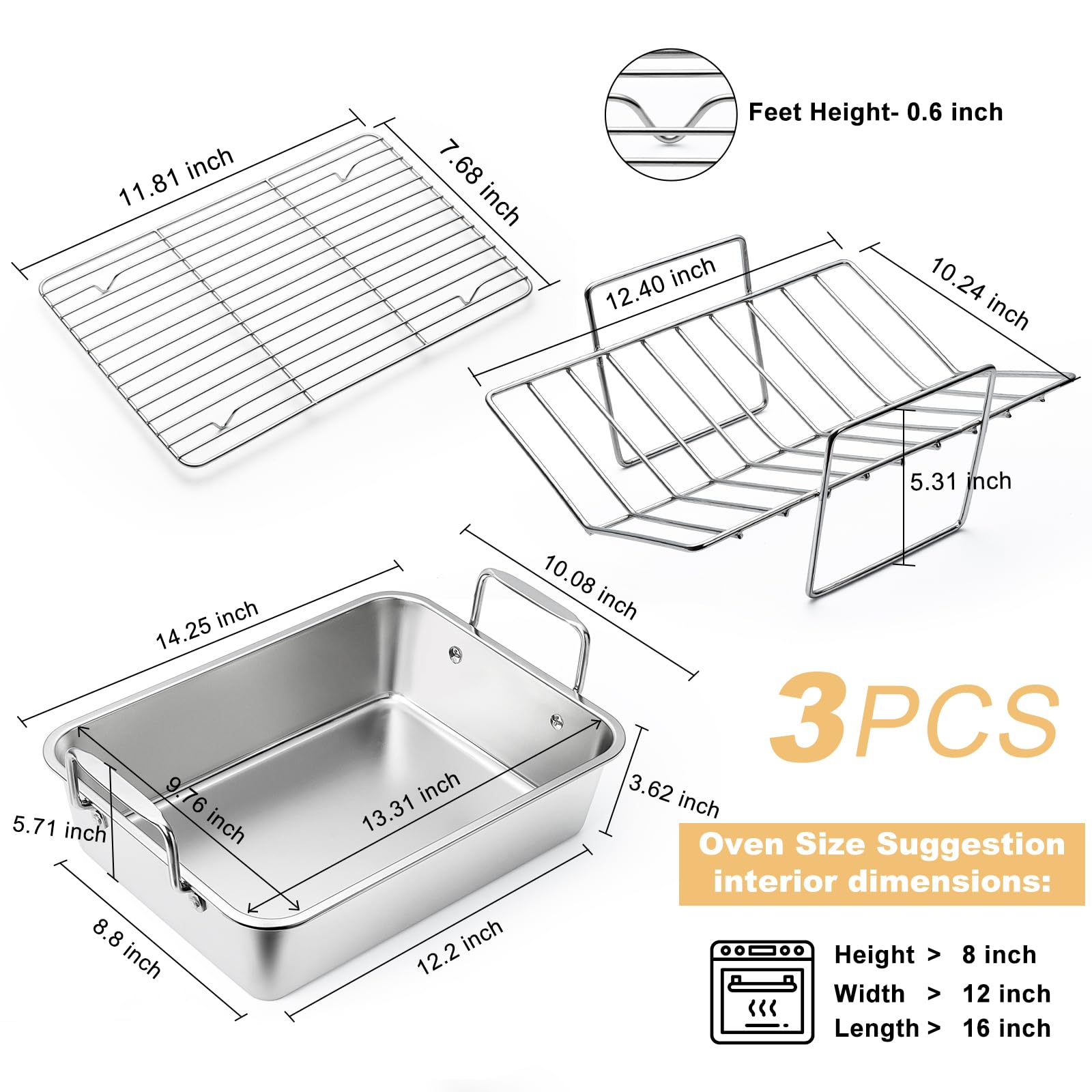 Roasting Pan, 14*10 Inch Stainless Steel Turkey Roaster With Rack - Deep Broiling Pan & V-Shaped Rack & Flat Rack, Non-Toxic & H