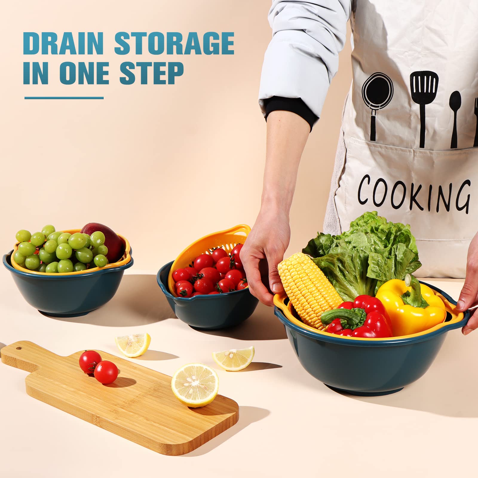 Lrecnom 6 Pieces Colander With Bowl, Food Strainer For Pasta Veggies And Fruits, Bpa Free, Dishwasher Safe (Blue)