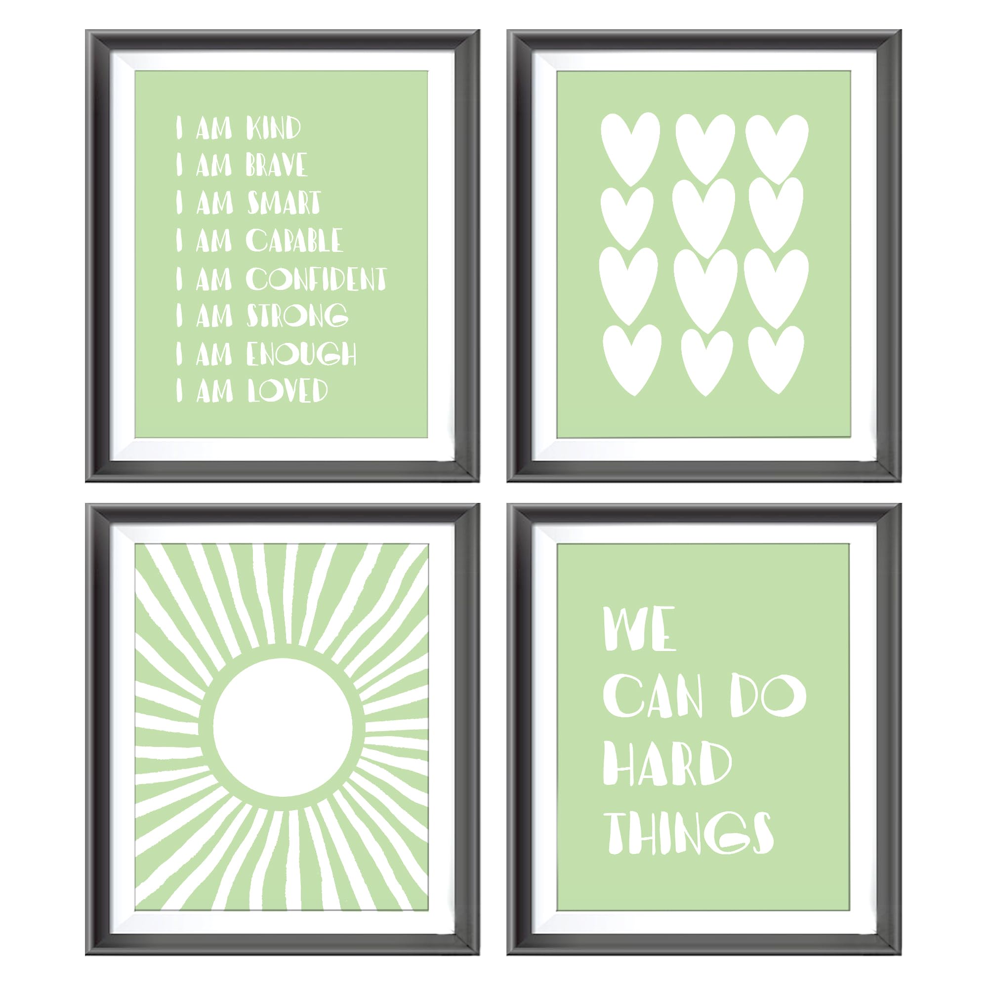 I Am Kind Brave Smart Affirmations Green Sun Sunshine Hearts Poster Prints For Girls Kids Room Playroom Decor,Girl Nursery Decor