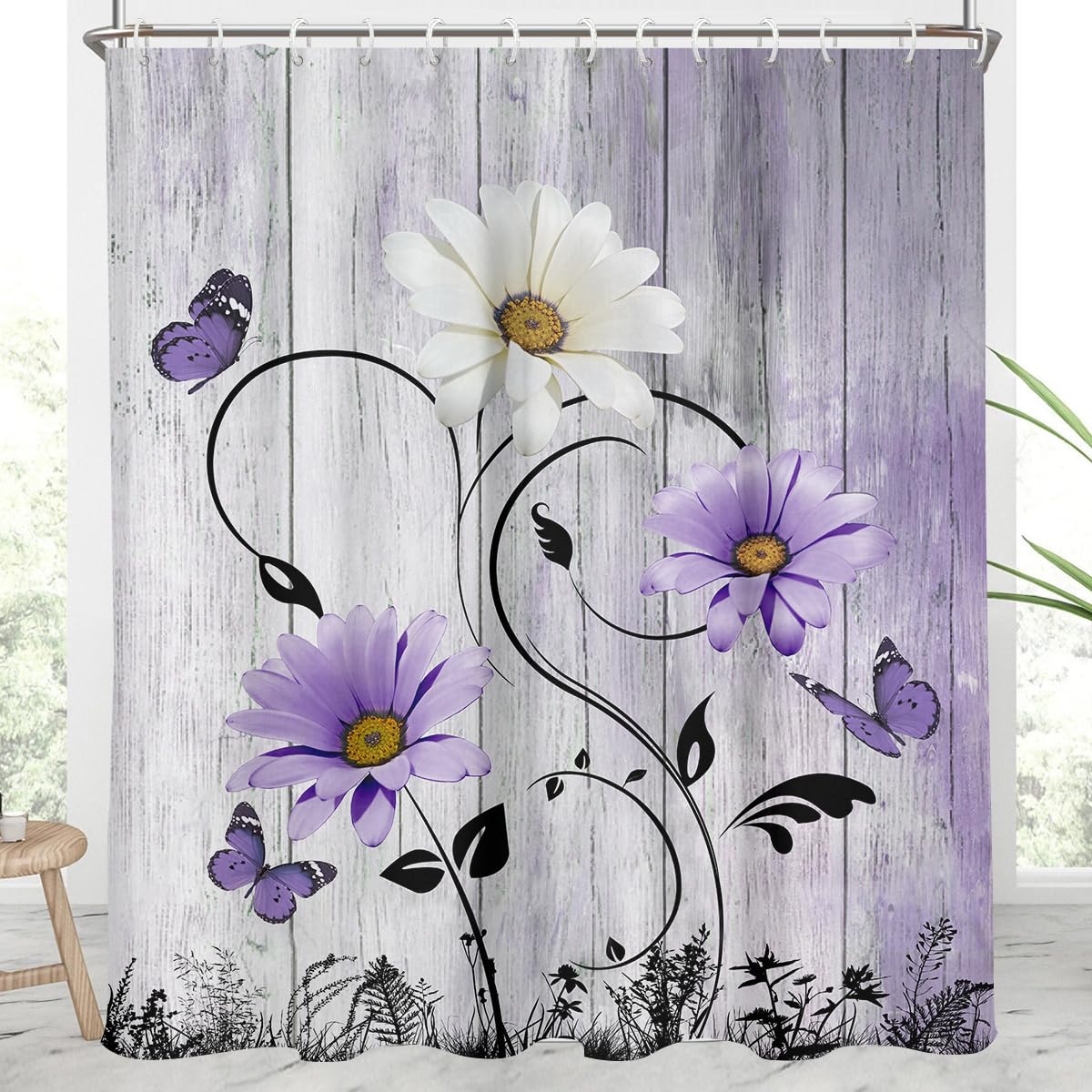 Aatter Purple Floral Shower Curtain Rustic Flowers Lavender Lilac Country Butterfly White Daisy Abstract Black Leaves Extra Long