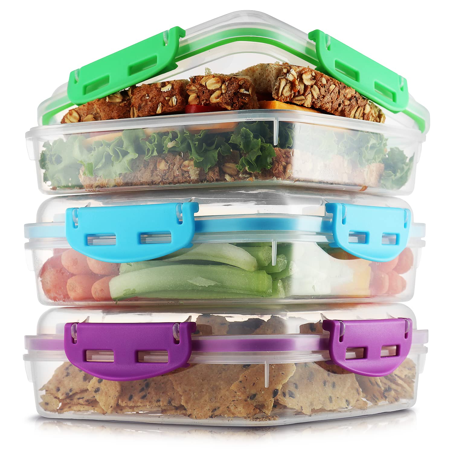 Tafura Kids 3 Pack Sandwich Containers, Bpa Free Plastic, Microwave And Dishwasher Safe, Designed With Kid Friendly Lids