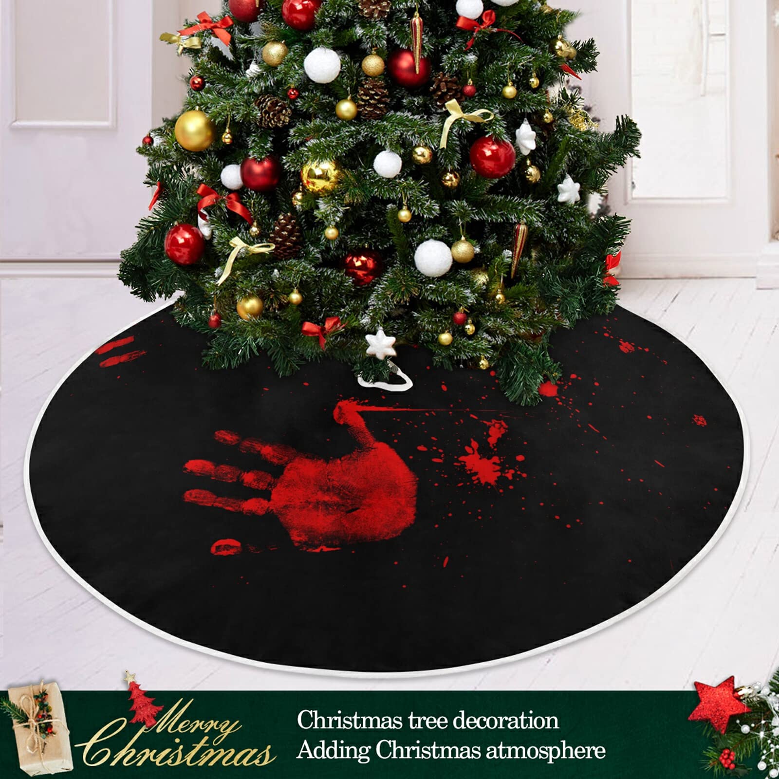 Halloween Bloody Hand Paw Spooky Tree Skirt, Seasonal Tree Mat Holiday Party Supplies Ornaments Indoor Outdoor Decorations for T
