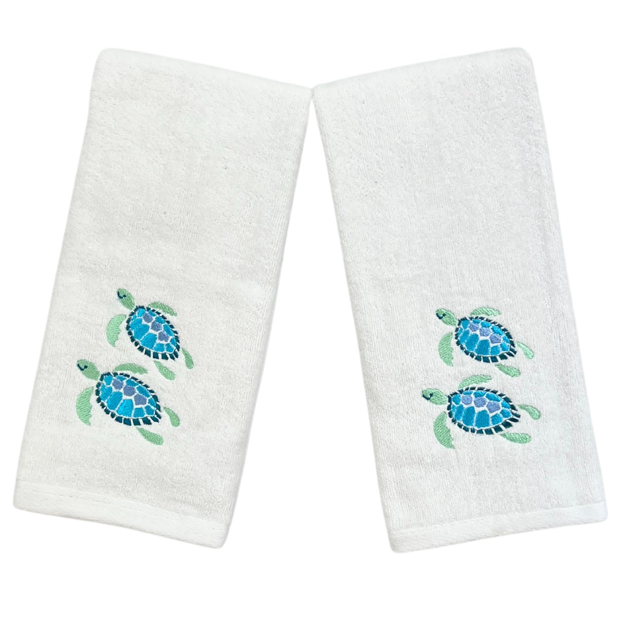 Summer Soft Absorbent Guest Sea Turtle Hand Towels: Bright Aqua Blue Turquoise Embroidery Design, 2 Piece (Sea Turtles)