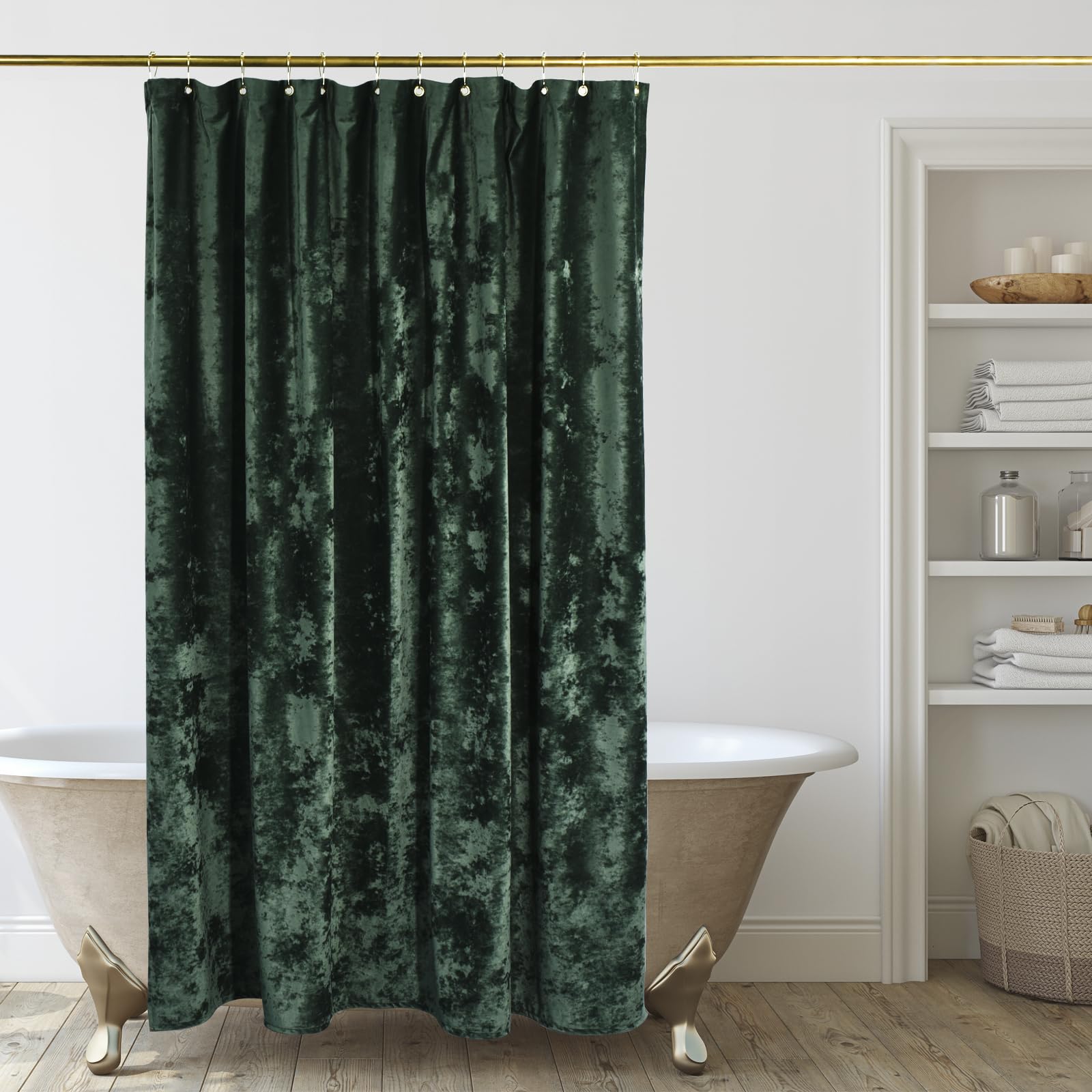 Tamgho Crushed Velvet Shower Curtain, Dark Green Luxury Shower Curtain With Gold Decro Metal Hooks, Machine Washable Thick Fabri