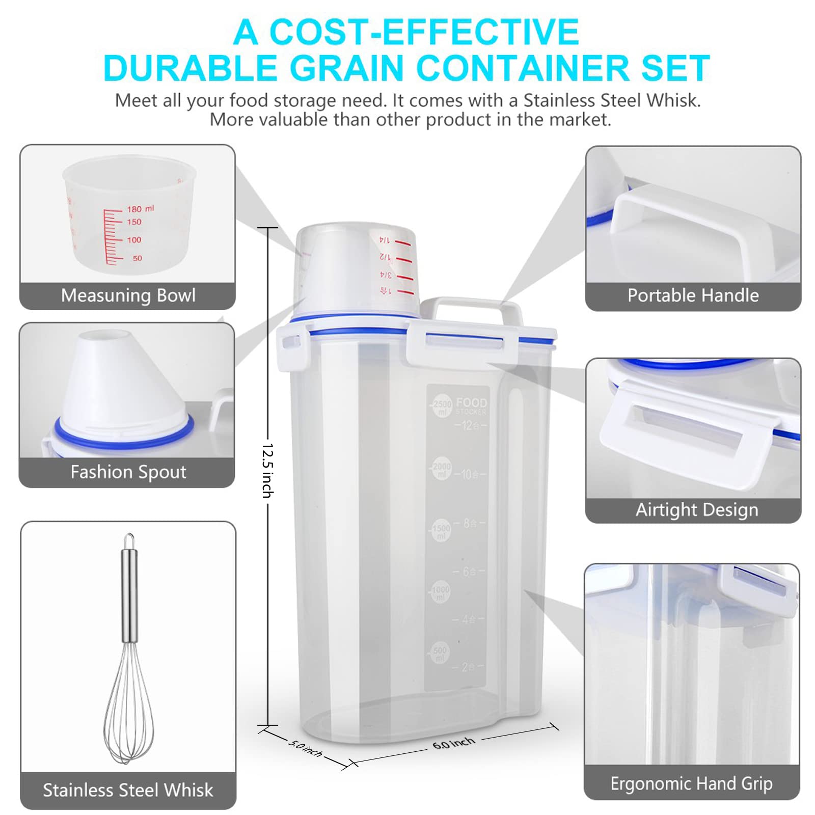 Uppetly Rice Airtight Dry Food Storage Containers, Bpa Free Plastic Sealed Holder Bin Dispenser With Pouring Spout, Measuring Cu