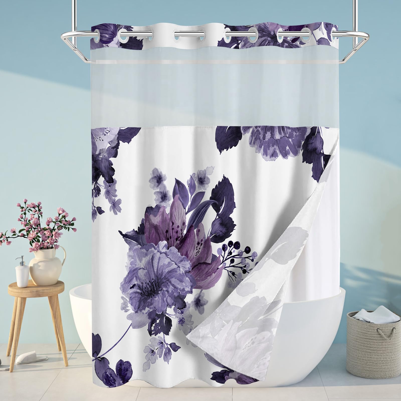 Sscrcusly No Hook Shower Curtain With Snap In Liner Set, Purple Floral And White Modern Hotel Style For Bathroom, 71X84 Inches