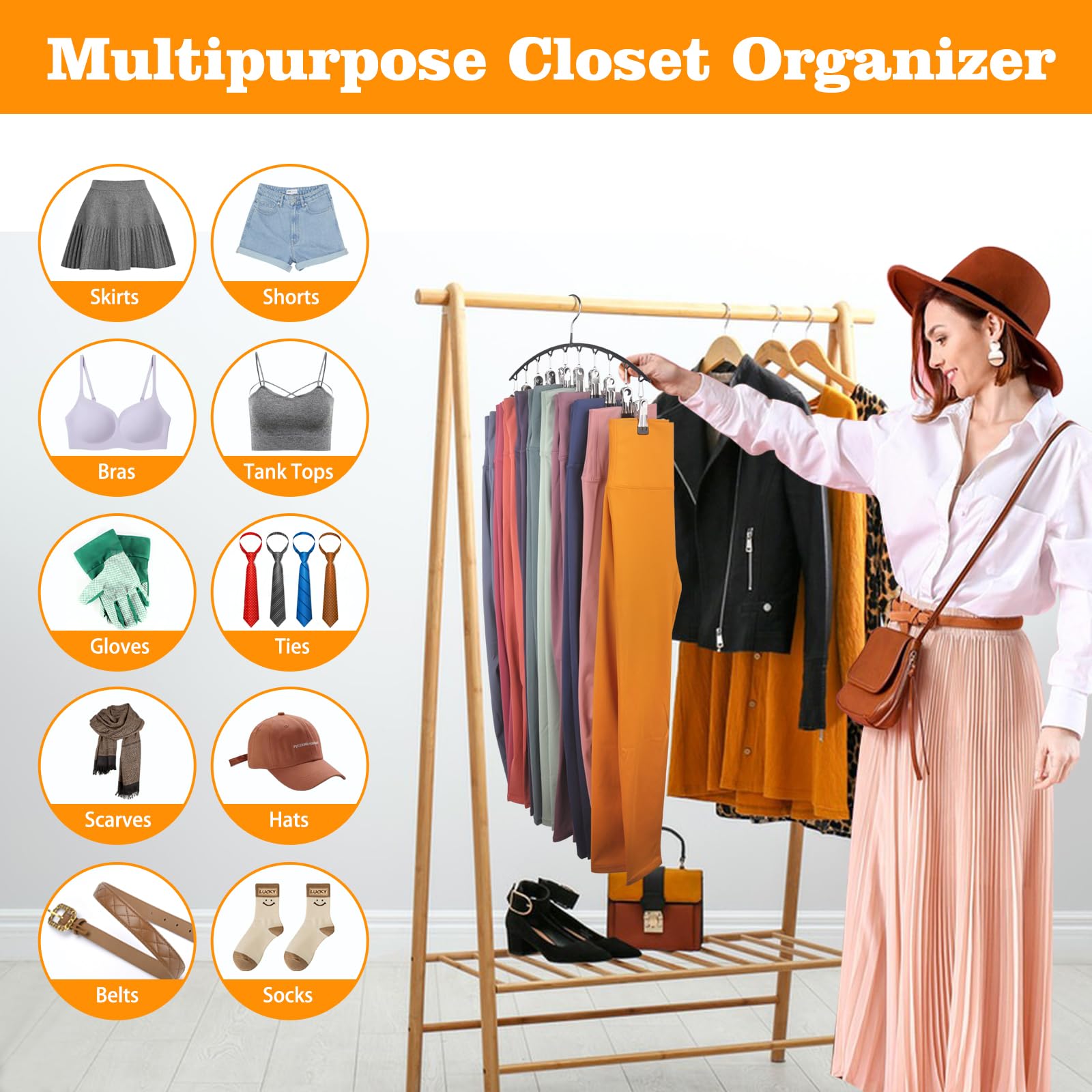 Legging Organizer For Closet, Pants Hangers With Clips Holds 20 Leggings, 2 Pack Metal Yoga Pants Hangers With Rubber Coated Cli