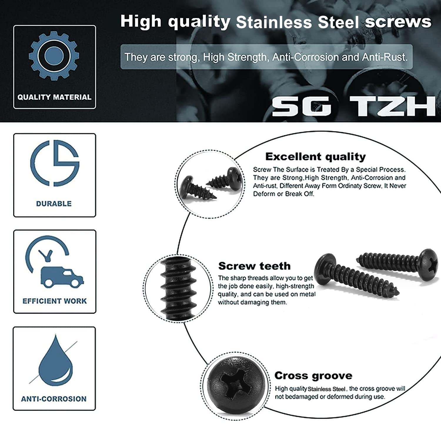 8 X 34 Wood Screw 100Pcs 18-8 (304) Stainless Steel Pan Head Fast Self Tapping Drywall Screws Black Oxide By Sg Tzh