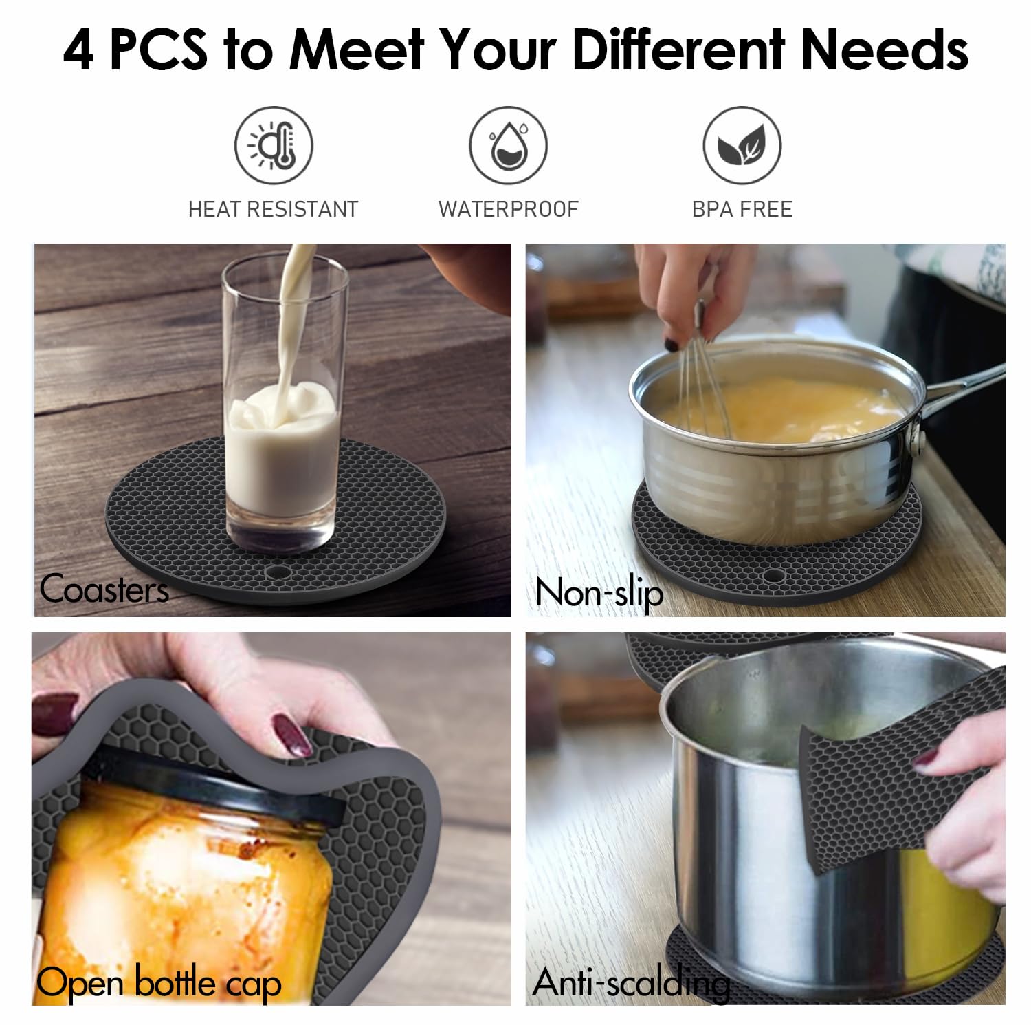 QPIX DIGITAL Silicone Trivets Set of 4, Heat Resistant, 7x7in, Dark Gray, Flexible & Durable Pot Mats for Hot Dishes