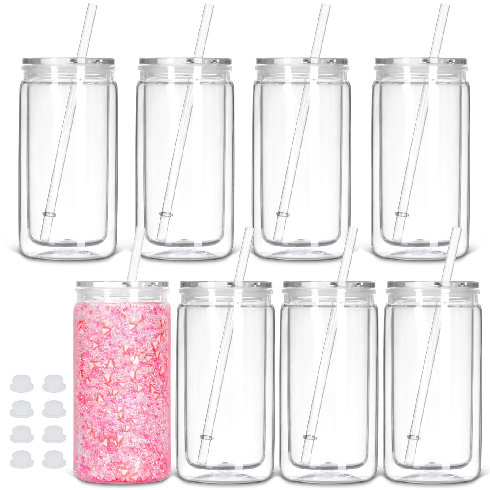 Tswofia 8 Pack plastic Snow Globe Tumbler, 16 Oz Double Wall Plastic Can with Lid and Straw, Plastic Mason Jar Mug for Snow Glob