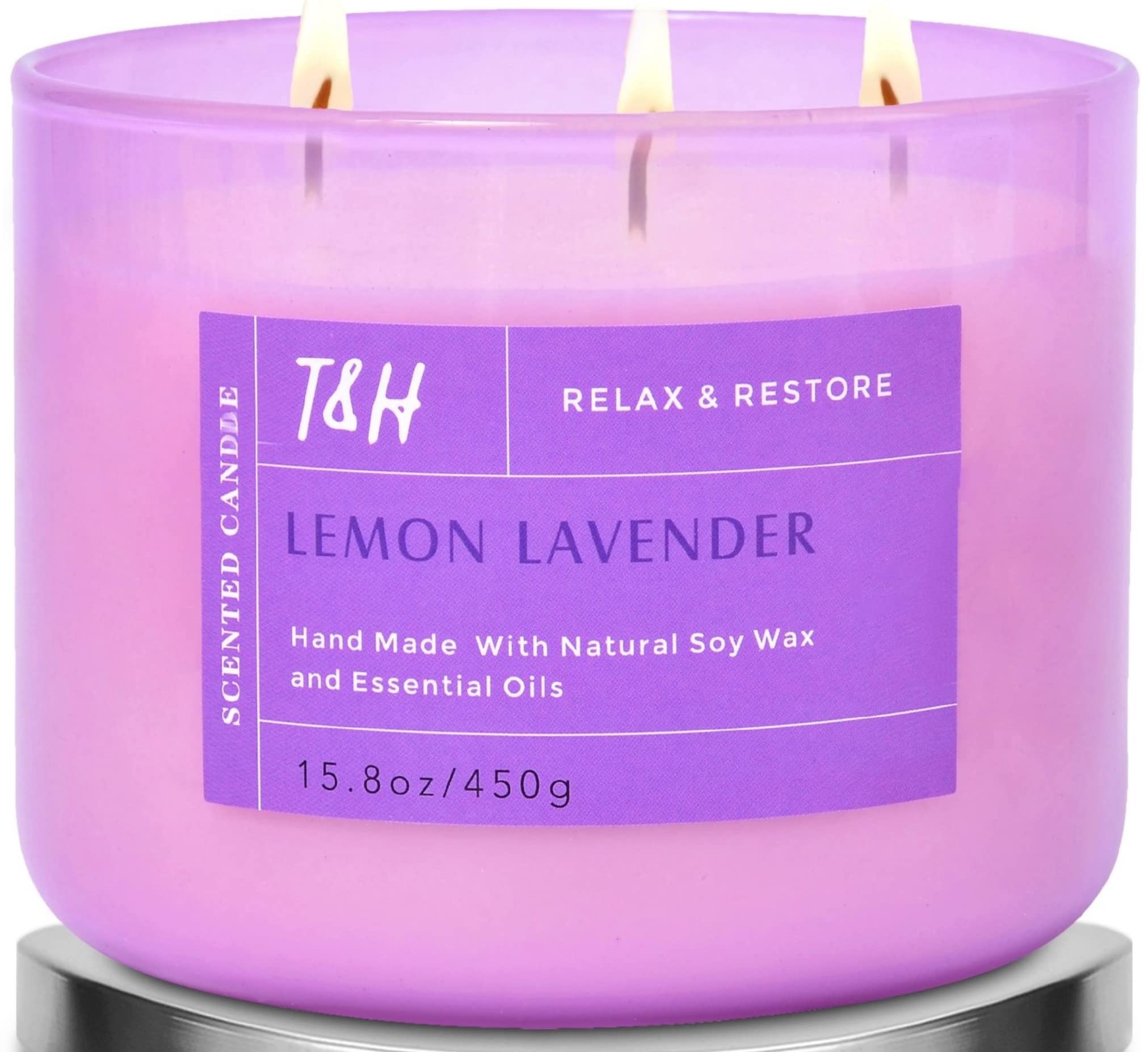 Large Aromatherapy Lemon Lavender 3 Wick Candle  Highly Scented Purple Jar Candles  Relaxing Lavender Candles for Home 15.8 oz