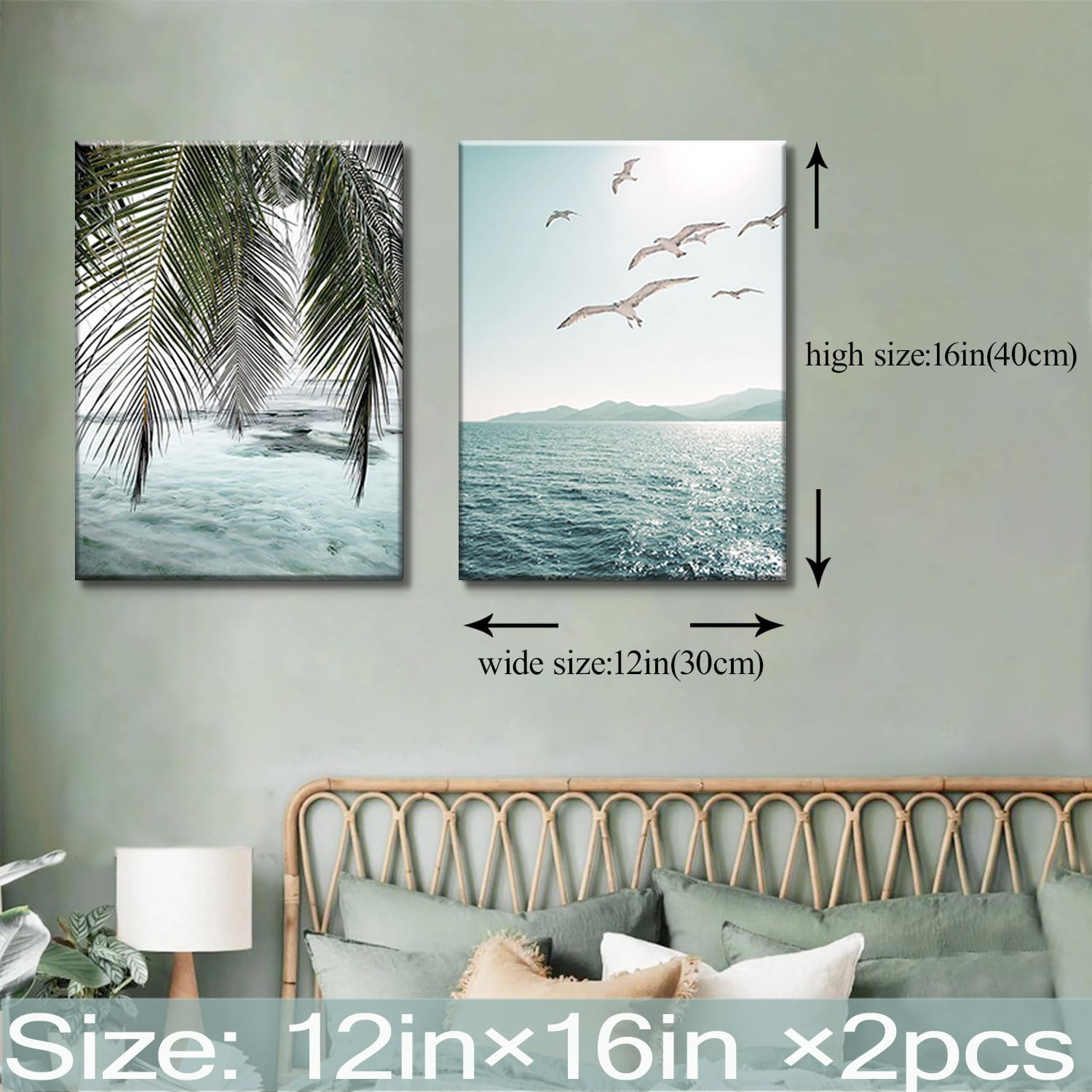 Framed Ocean Wall Art Beach Tropical Prints Bathroom Decor Canvas Turquoise Seascape Mint Green Paintings Coastal Pictures Palm Tree Artwork for Bedroom Living Room12''*16''*2