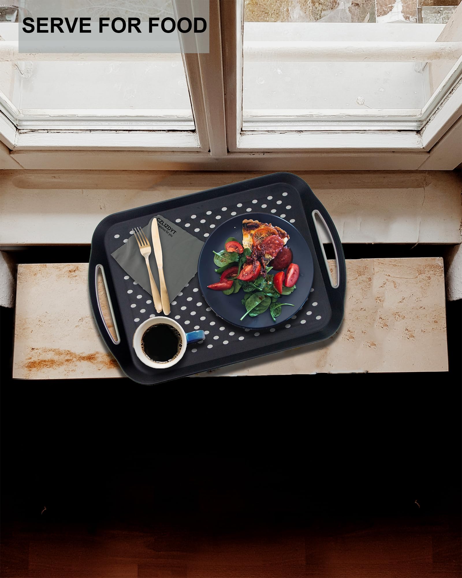 Large Nonslip Serving Tray With Handles, Silicone Grippy Dots Food Trays For Eating, Dishwasher Safe Lap Trays For Breakfast Din