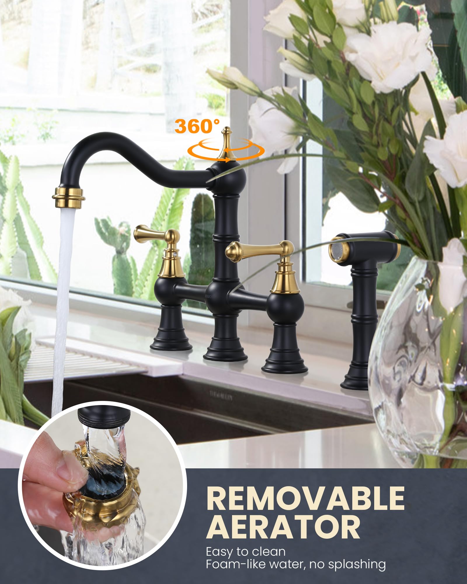 Wowow Bridge Kitchen Faucet With Sprayer, Brass Kitchen Faucet 4 Hole Bridge Faucet For Kitchen Sink, Black And Gold Kitchen Sin