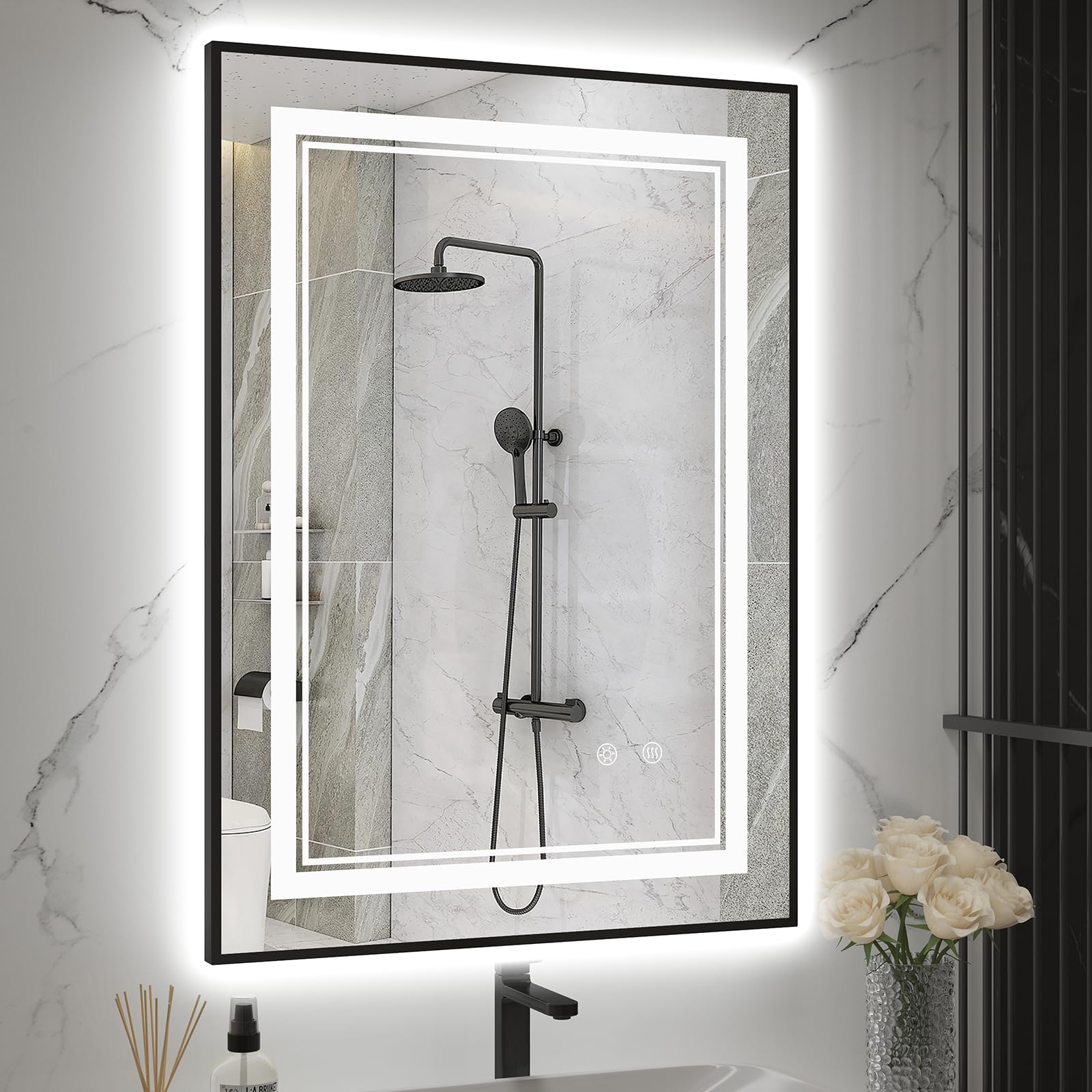 Oumusu Led Mirror For Bathroom 20''X28'',Black Led Bathroom Mirror With Front And Backlit,Dual Led Strips,Anti-Fog Bathroom Mirr