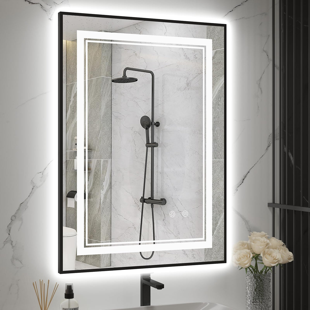 Oumusu Led Mirror For Bathroom 20''X28'',Black Led Bathroom Mirror With Front And Backlit,Dual Led Strips,Anti-Fog Bathroom Mirr