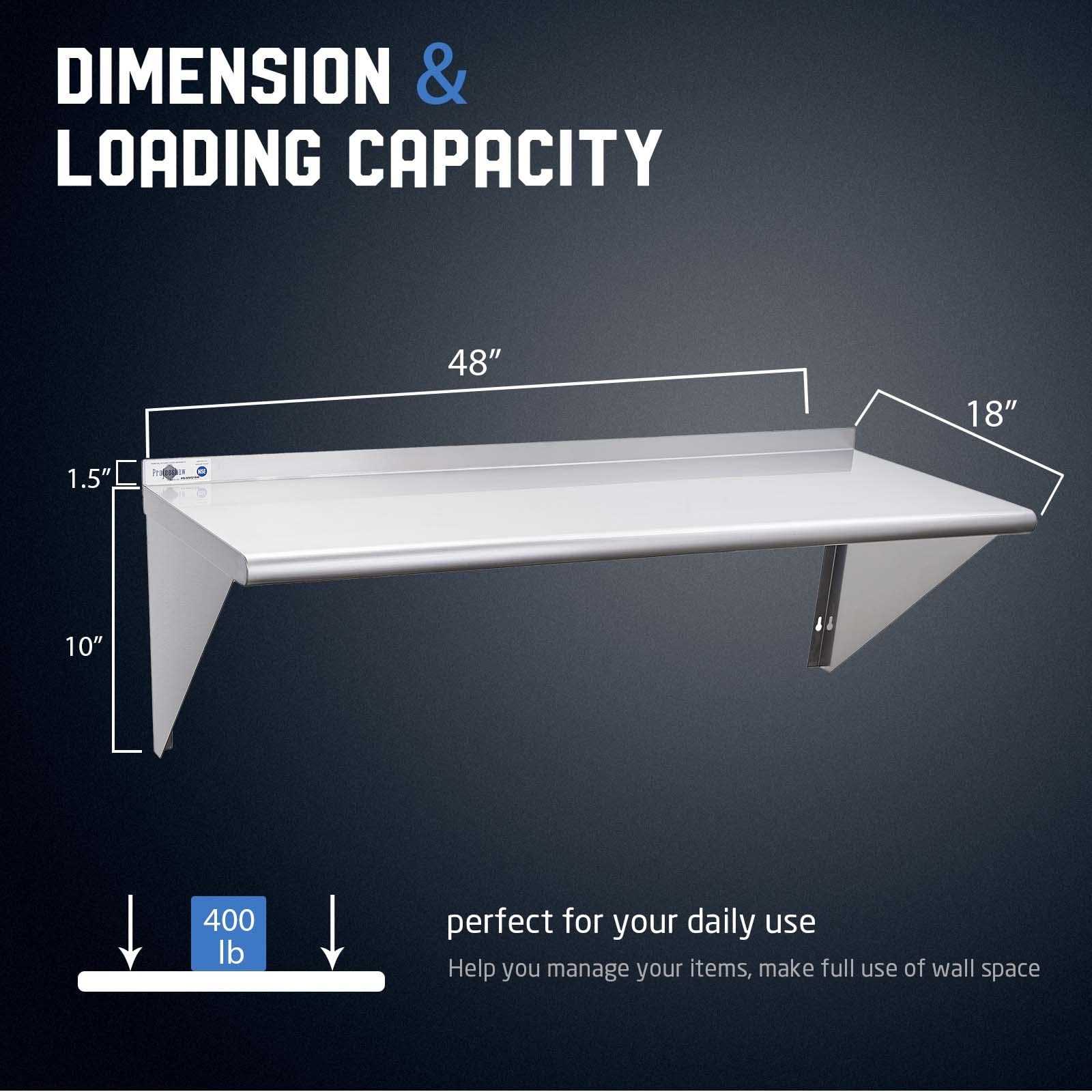 Profeeshaw NSF Stainless Steel Shelf 18 x 48  400 lb Commercial Shelves Wall Mounted Metal Shelving with Backsplash and 2 Brackets for Restaurant  Bar  Utility Room  Kitchen and Garage
