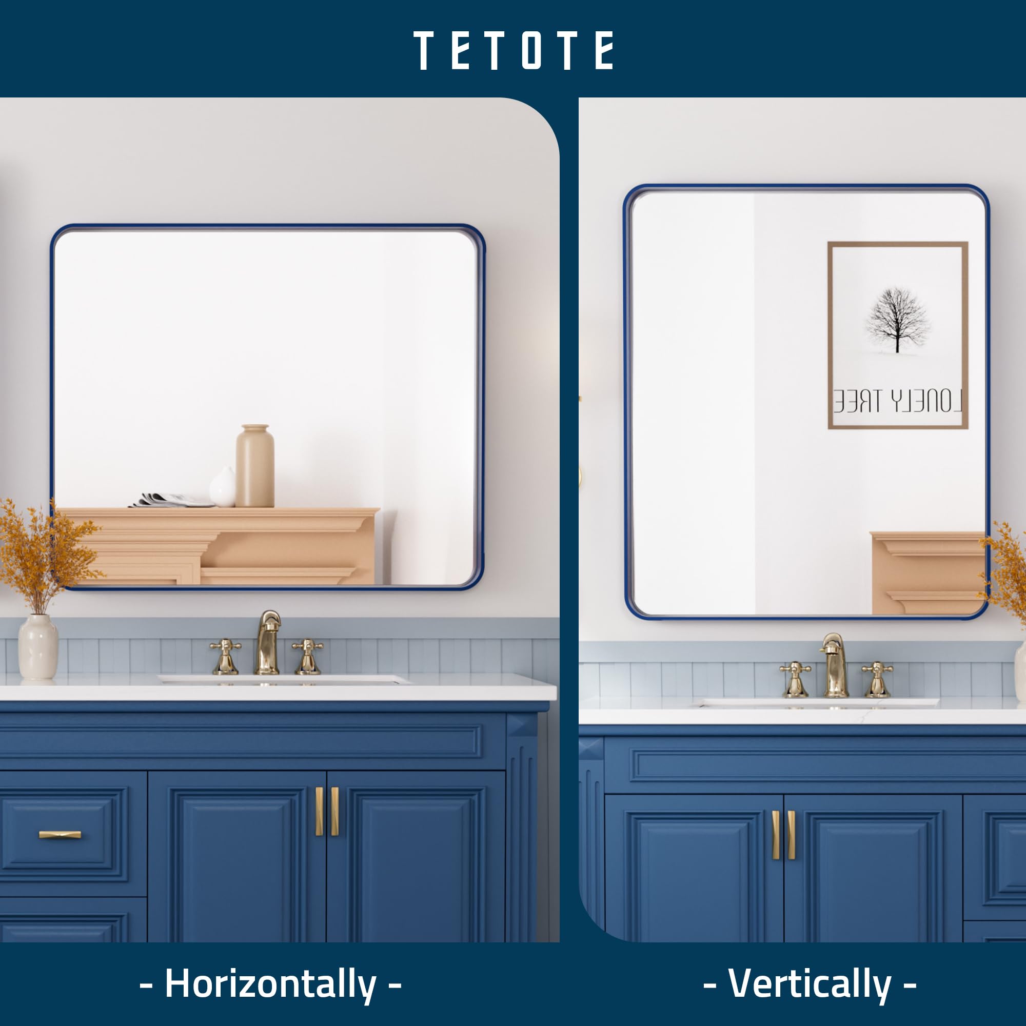 Tetote 30 X 36 Navy Blue Frame Mirror For Bathroom Metal Frame Wall Mounted Rectangle Mirror For Vanity With Sandy Textured Surf