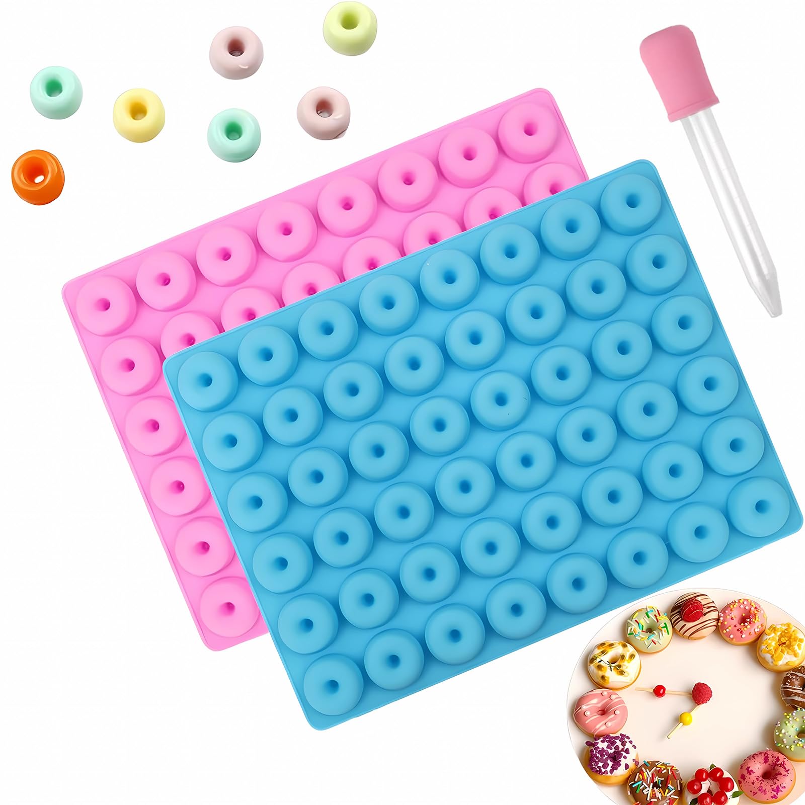 2 Pack Mini Silicone Donut Molds, 48 Cavity Mini Donut Silicone Gummy Candy Molds, Non-Stick Doughnut Pan For Jelly Cookies Ice