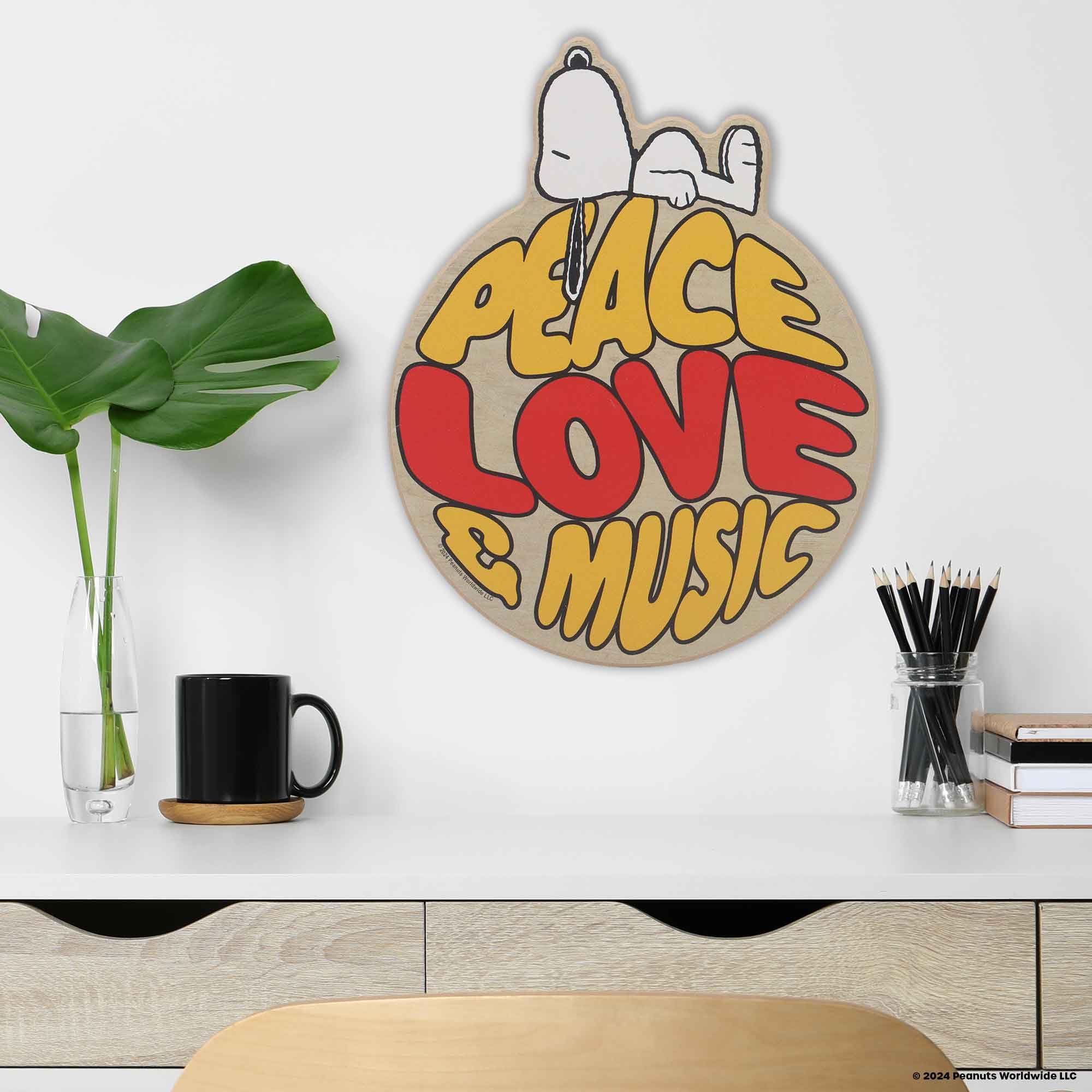 Open Road Brands Peanuts Snoopy Peace Love and Music Round Wood Wall Decor - Fun Snoopy Sign for Home or School