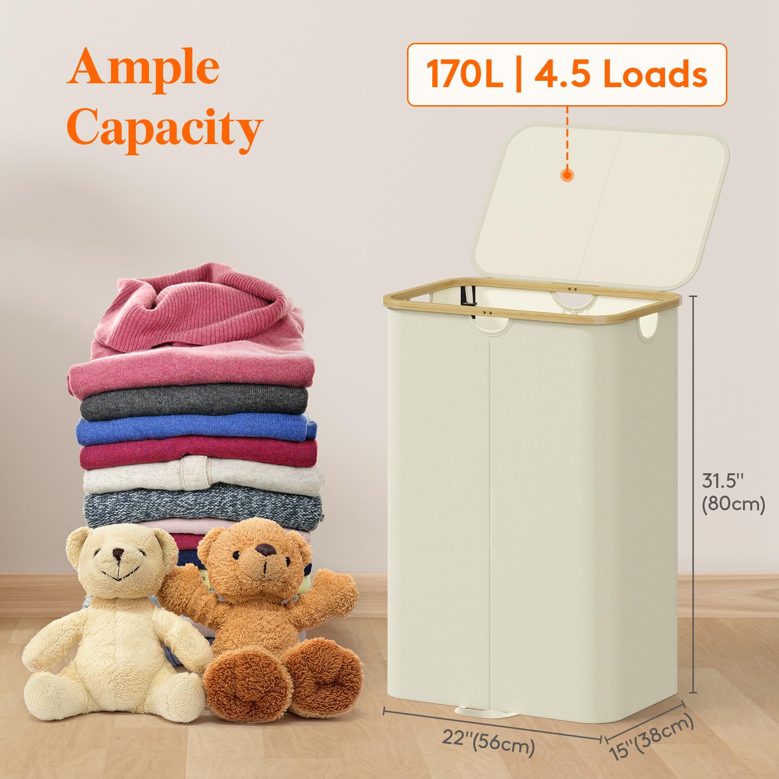 Lifewit 170L Double Laundry Hamper With Lid, Large Dual Laundry Basket Removable Bags, 2 Sections Aesthetic Clothes Hampers For