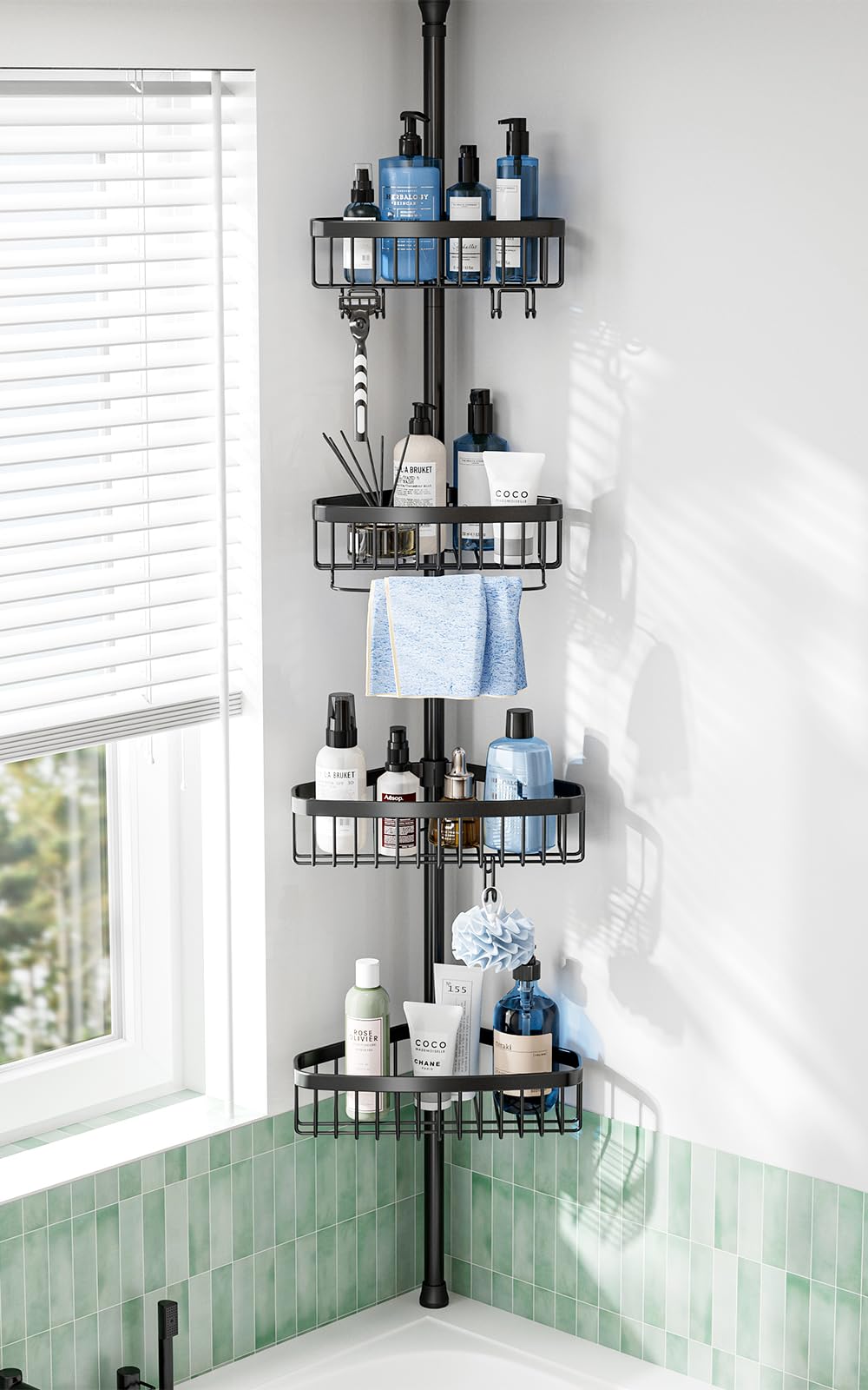 Corner Shower Caddy Tension Pole: Adjustable Rustproof 4-Tier Inside Bathroom Organizer - 47-121 Inch Quick Installation Bathtub