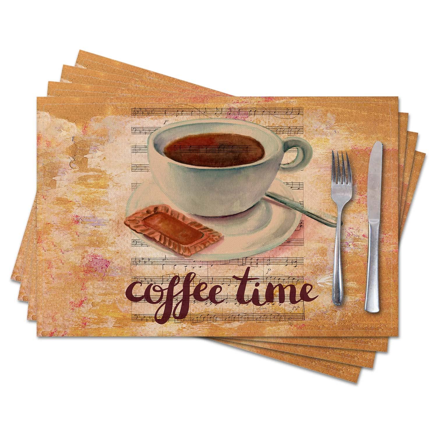Cloth Placemats Set Of 4,Coffee Theme Coffee Time Linen Table Mats,Heat Resistant Woven Placemats Non-Slip Dining Table Place Ma