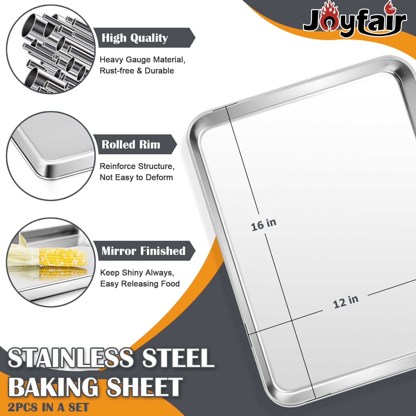 2Pcs Baking Sheet Pan Set (16Inch), Joyfair Stainless Steel Large Cookie Sheets, Commercial Metal Pans Tray Oven Bakeware For Je