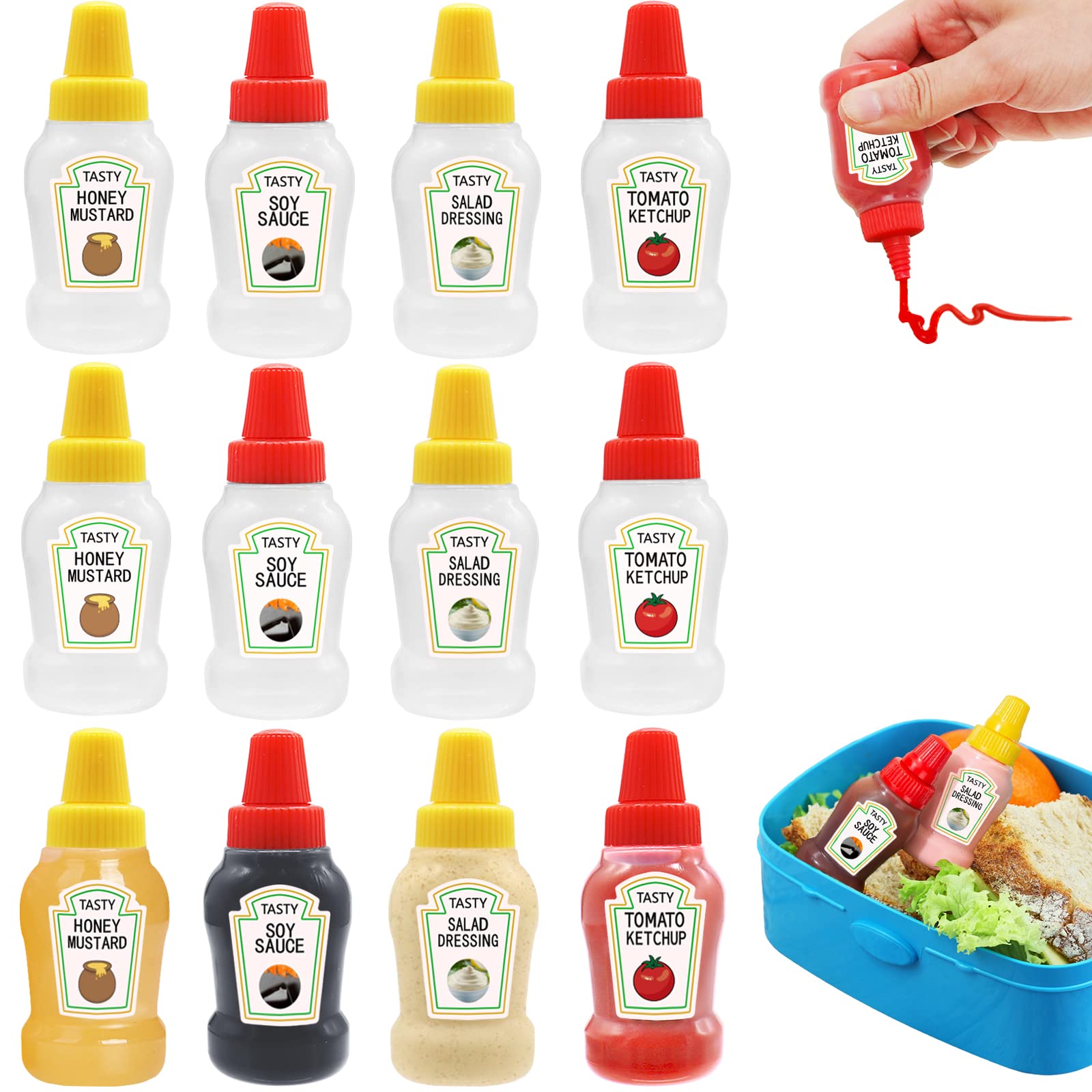 Xuyyicao 12 Pcs Mini Ketchup Bottles,25Ml Condiment Squeeze Bottles,Plastic Sauce Container For Kids,Office,Bento Box,Picnic,Hon