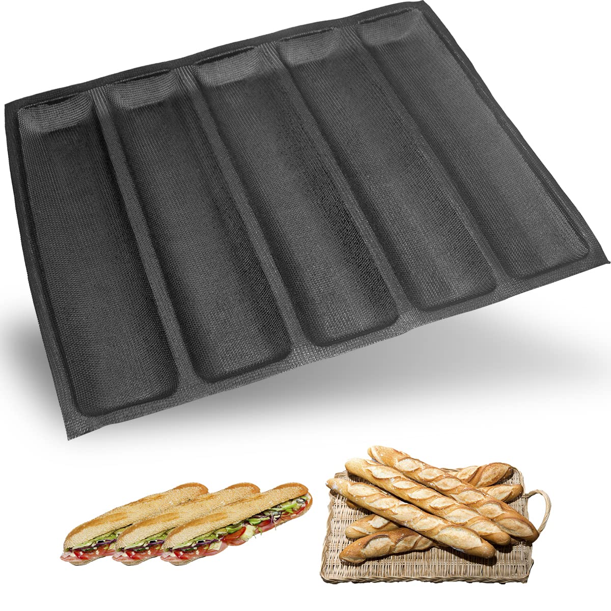 Masteymoh 5-Cavity French Bread Baking Pan, Hoagie Rolls Pan, Soft Foldable For Easy Storage, Non-Stick, Bpa-Free, 17.2'' X 12.2