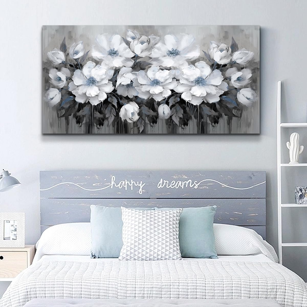 Anzhongart Living Room Wall Art,Flower Wall Art,Canvas Wall Art,Big Wall Art Gray And White And Blue Flower Wall Art-Floral Canv