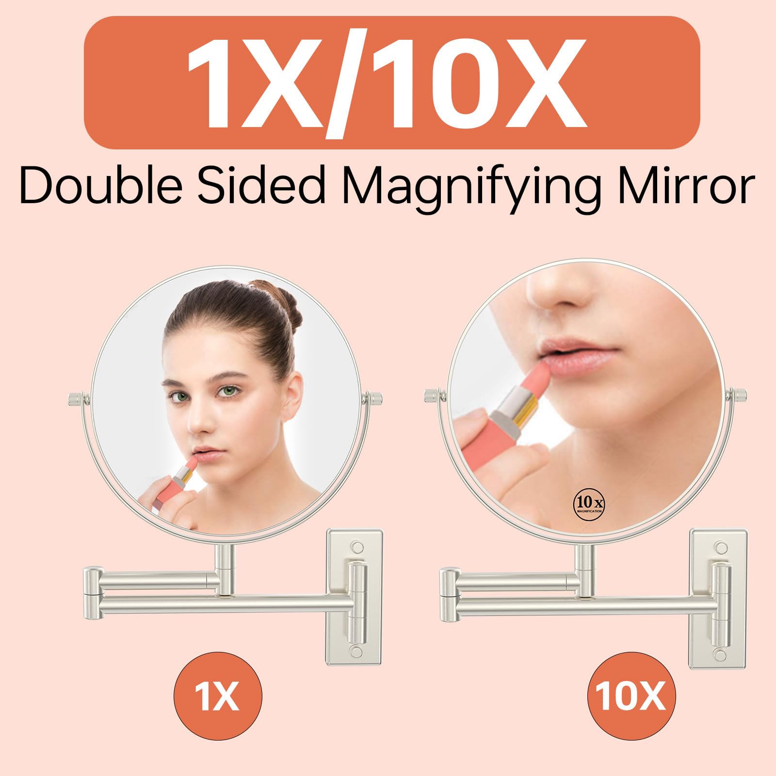 Erlingeryi 8'' Wall Mounted Makeup Mirror 1X/ 10x Magnifying Mirror Double Sided Vanity Makeup Mirror for Bathroom Nickel Brush Finish