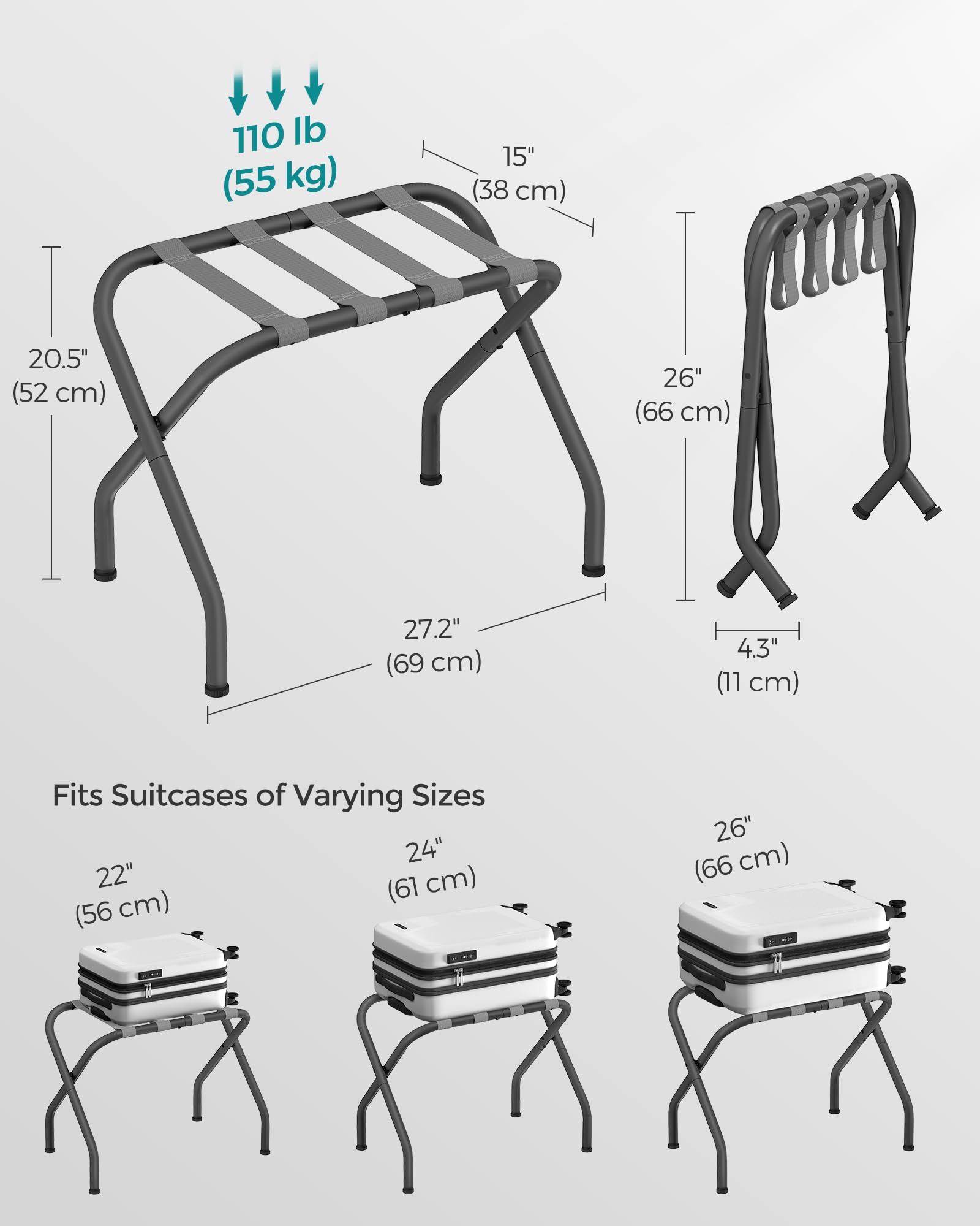 Songmics Luggage Rack For Guest Room, Suitcase Stand, Foldable Steel Frame, For Hotel, Bedroom, Holds Up To 110 Lb, 27.2 X 15 X