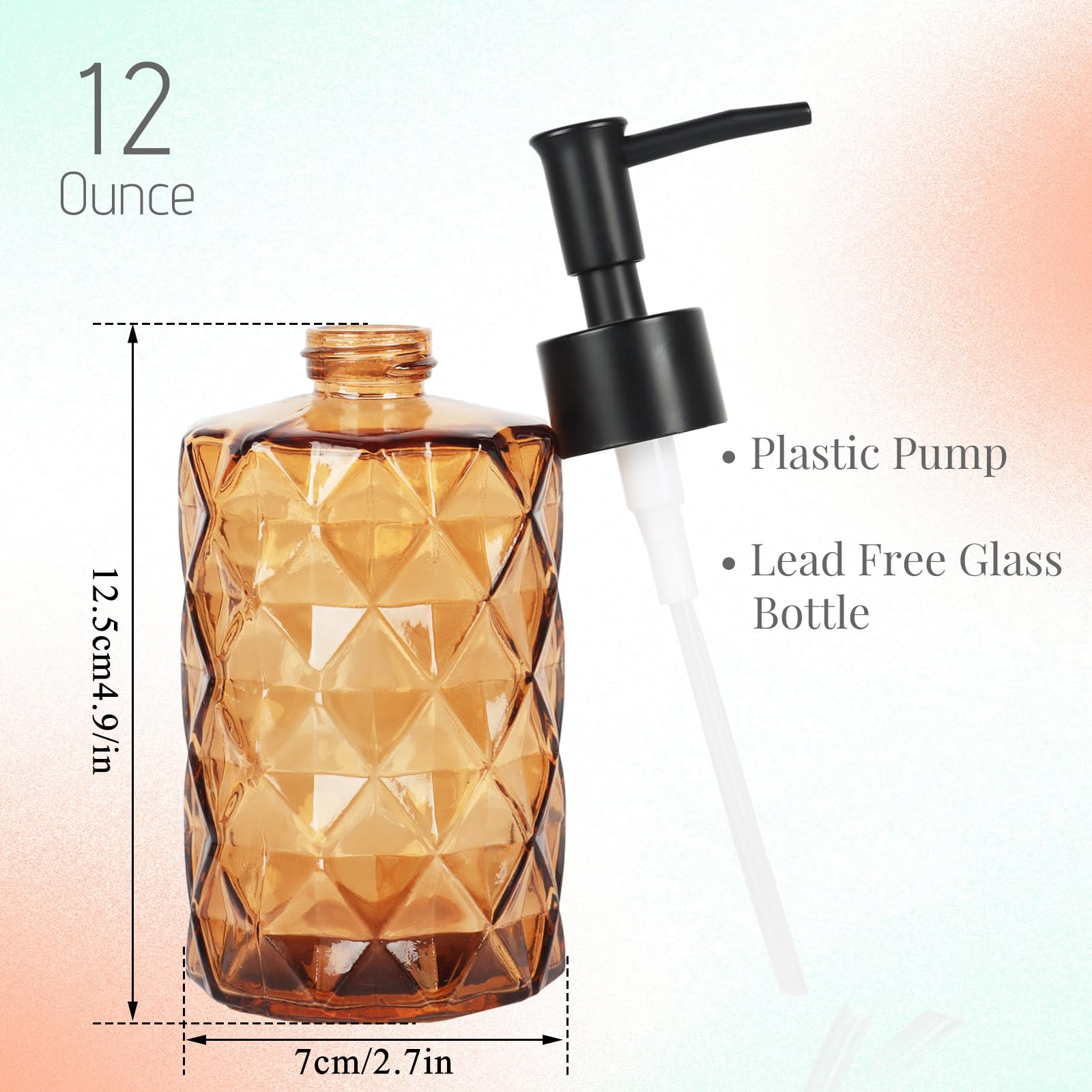 Ulable Dark Brown Glass Soap Dispenser With Pump, 12Oz Diamond Design Hand Soap Dispenser, Refillable Lotion Dispenser & Dish So