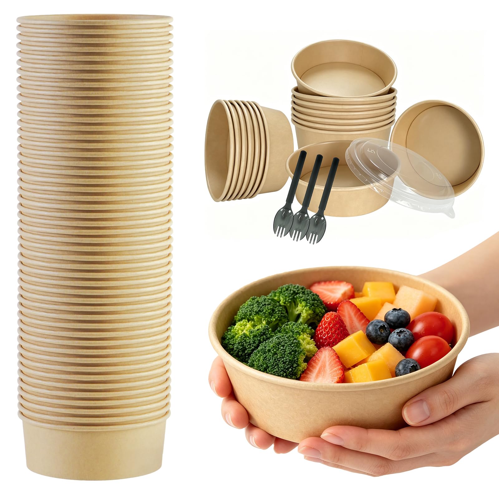 Sowinvent 17 oz Disposable Kraft Paper Bowls with Lids and Sporks, 48 Sets LeakProof Meal Prep Containers for Hot & Cold Food, 