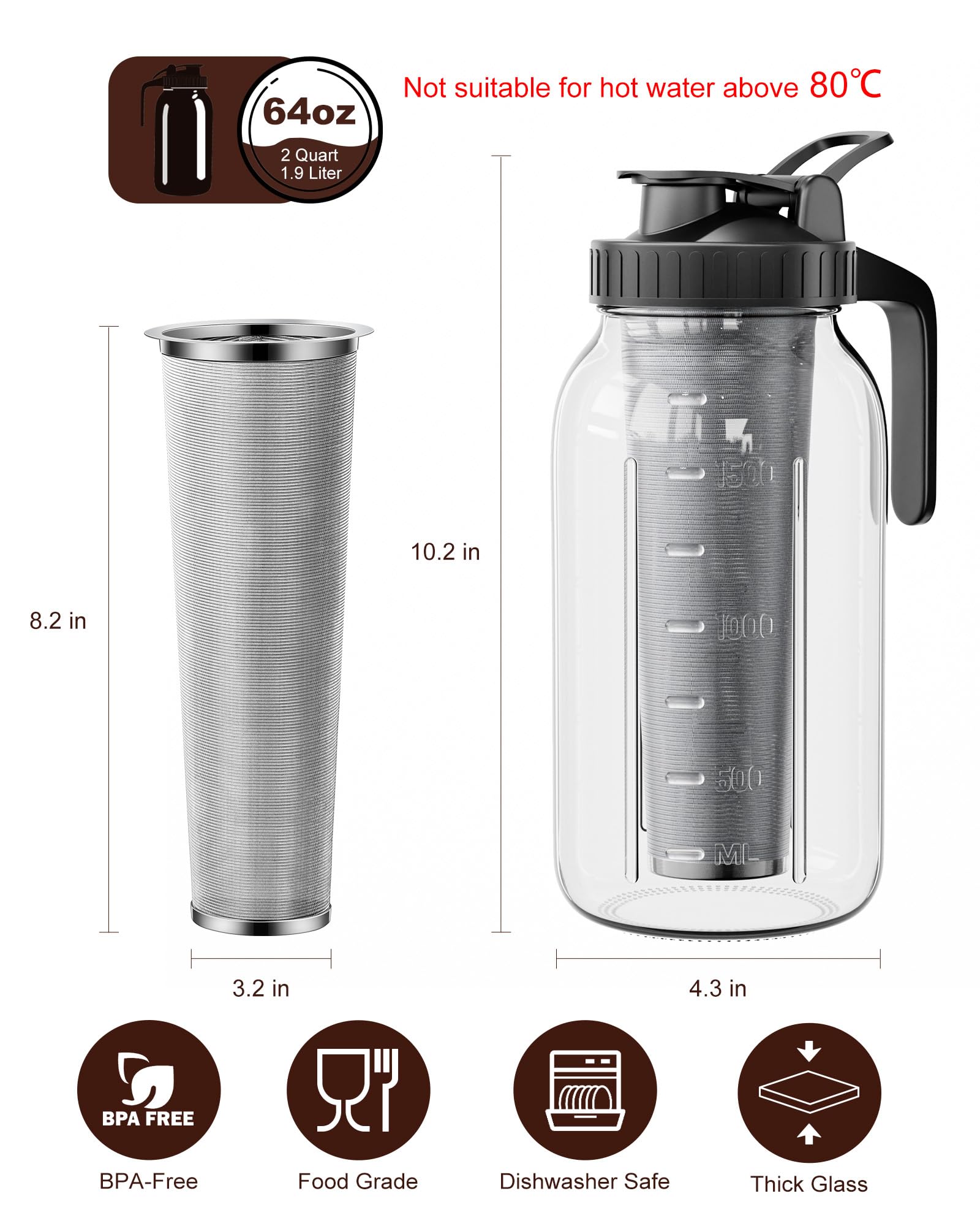VA1KENE Cold Brew Coffee Maker 64oz with Stainless Steel Filter, Black, Model zm-234