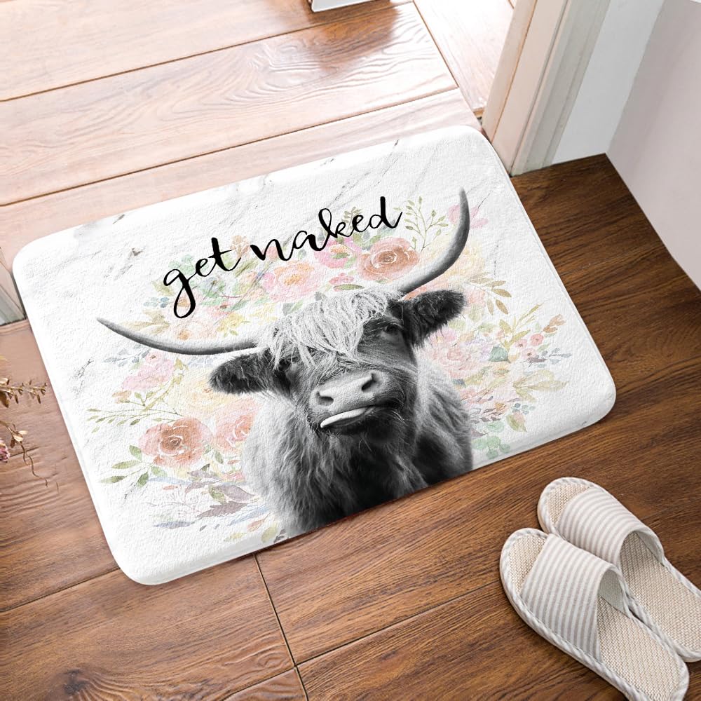JAWO Get Naked Bath Mat for Bathroom  Farmhouse Highland Cow Bull Non-Slip Bathroom Rug  Farmhouse Bath Mat  Bathroom Accessories 17X29inches