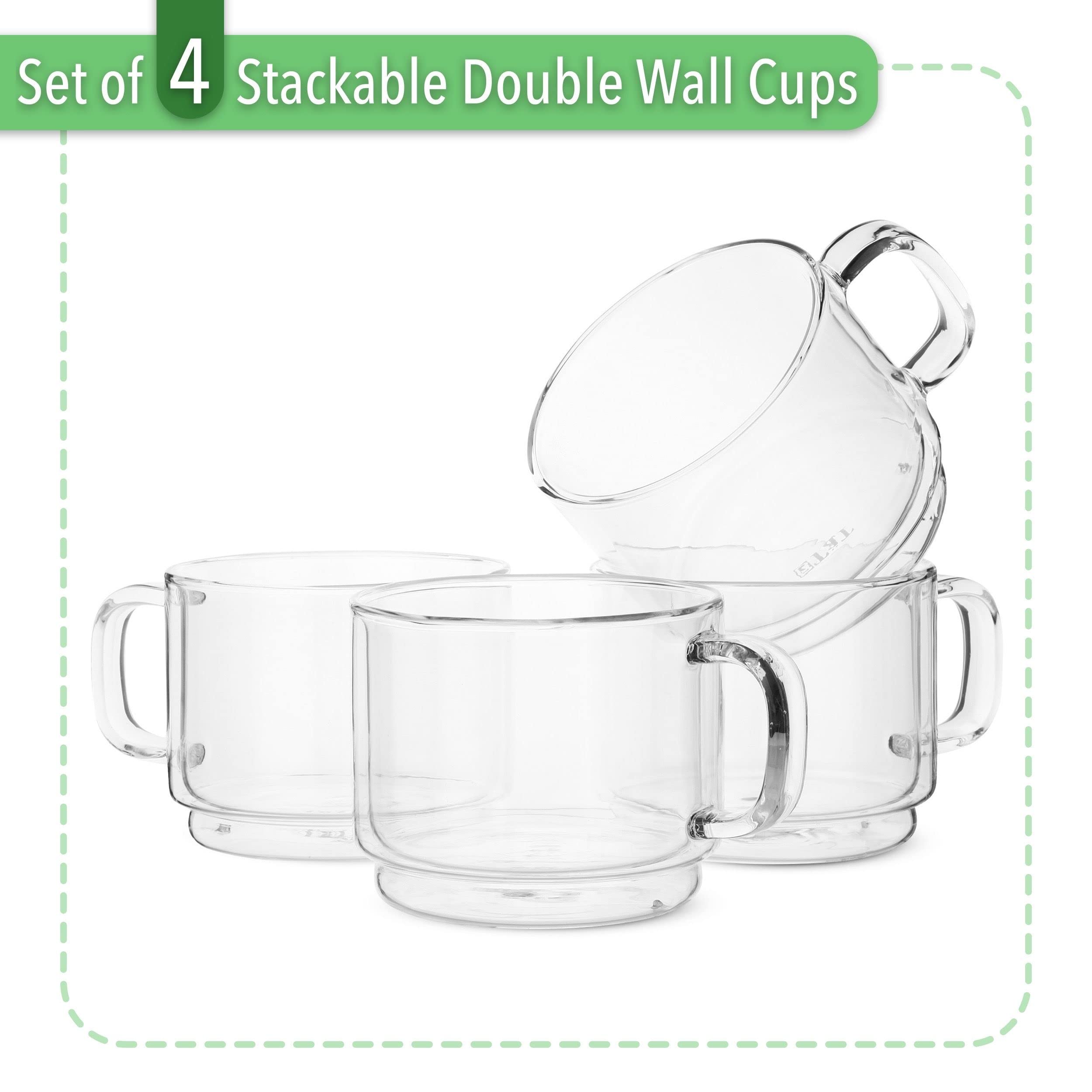 Btat- Stackable Insulated Coffee Mug, Coffee Glass, Large, Set Of 4 (16Oz, 500Ml), Double Wall Glass Coffee Cups, Tea Cups, Latt