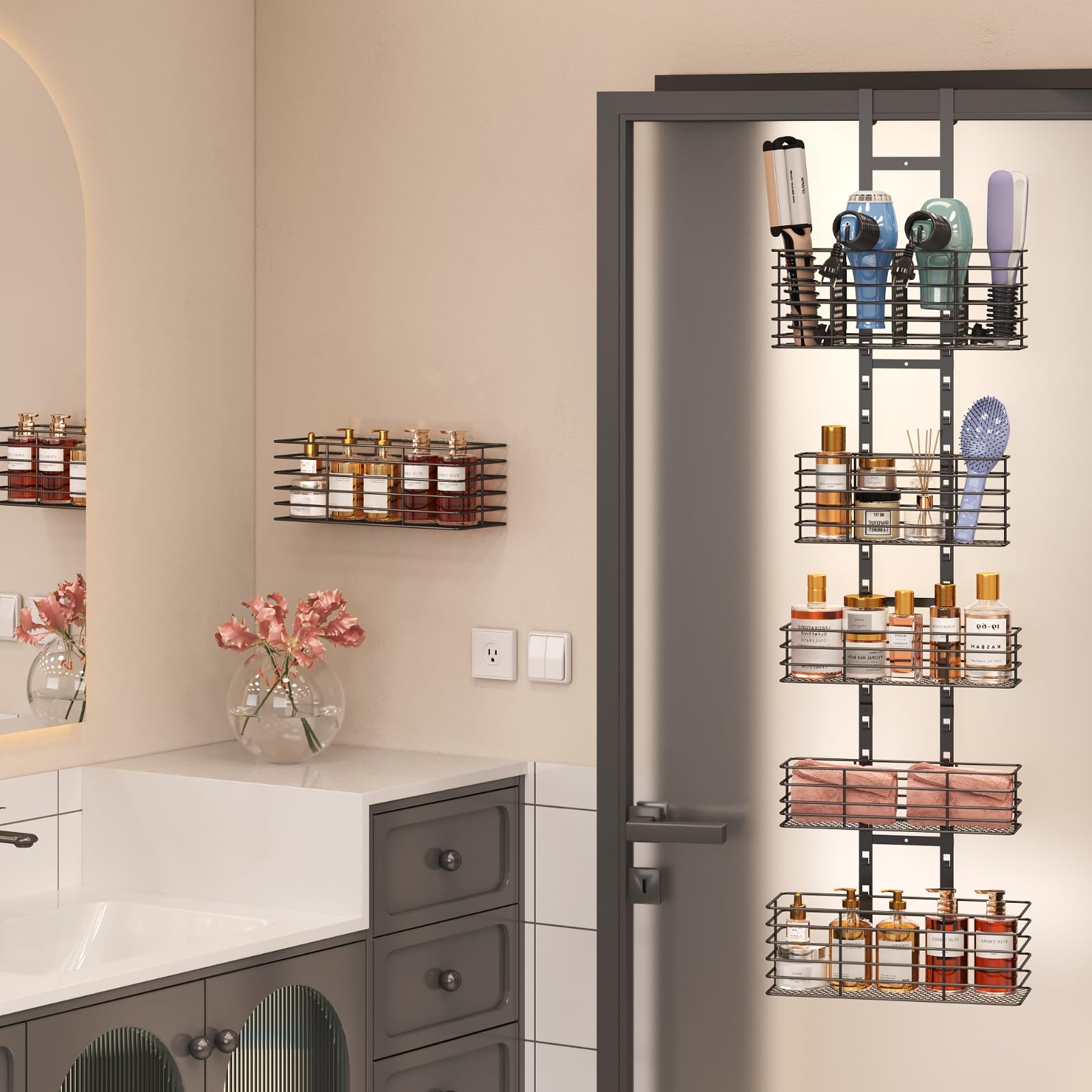 5-Tier Over The Door Bathroom Organizer - Hair Dryer Holder - Hair Tool Organizer Adjustable Height, Diy Bathroom Storage Shelf