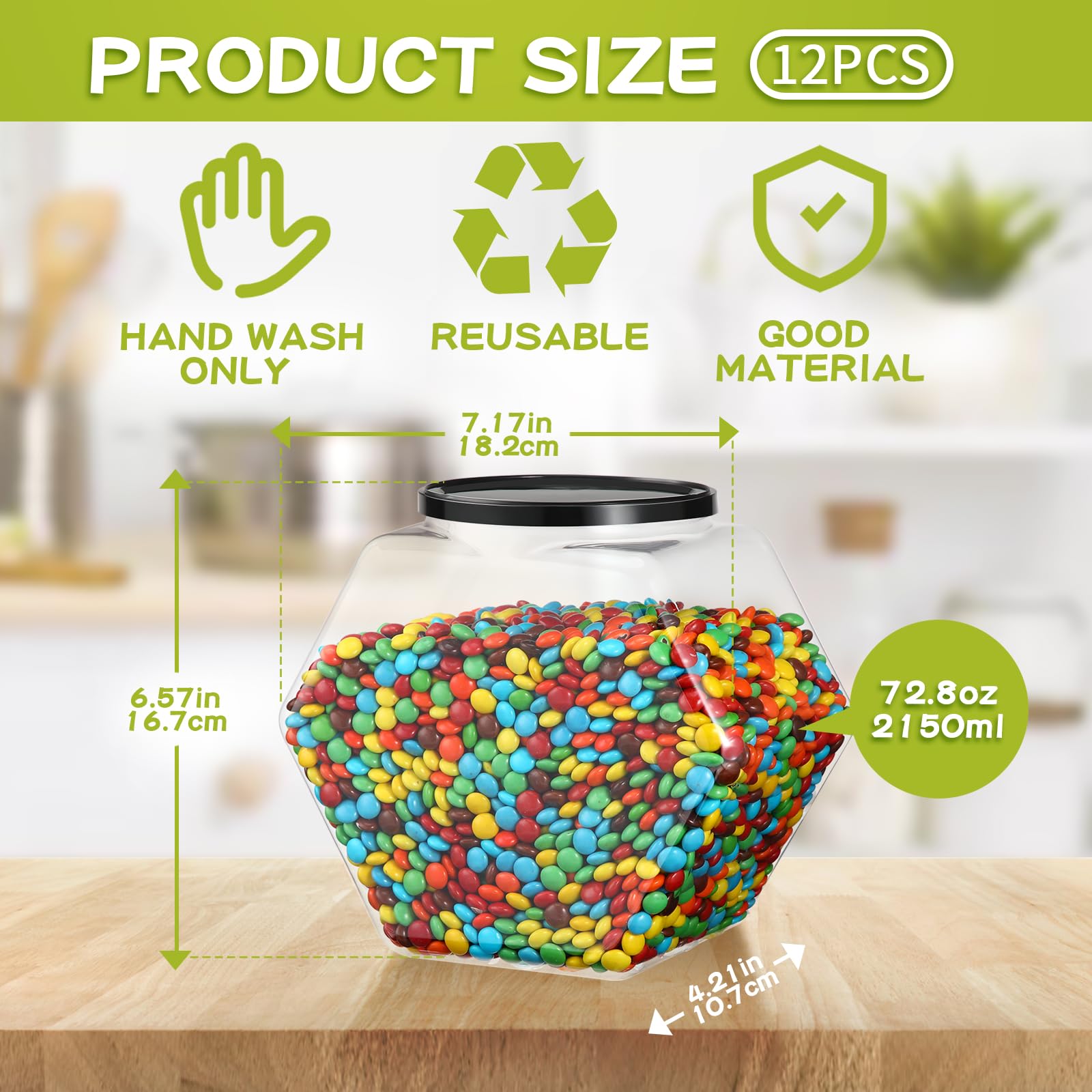 Dandat 12 Pack 73 Oz Hexagon Candy Jars Plastic Cookie Jars Bulk With Lid Clear Candy Containers For Kitchen Counter Wide Round