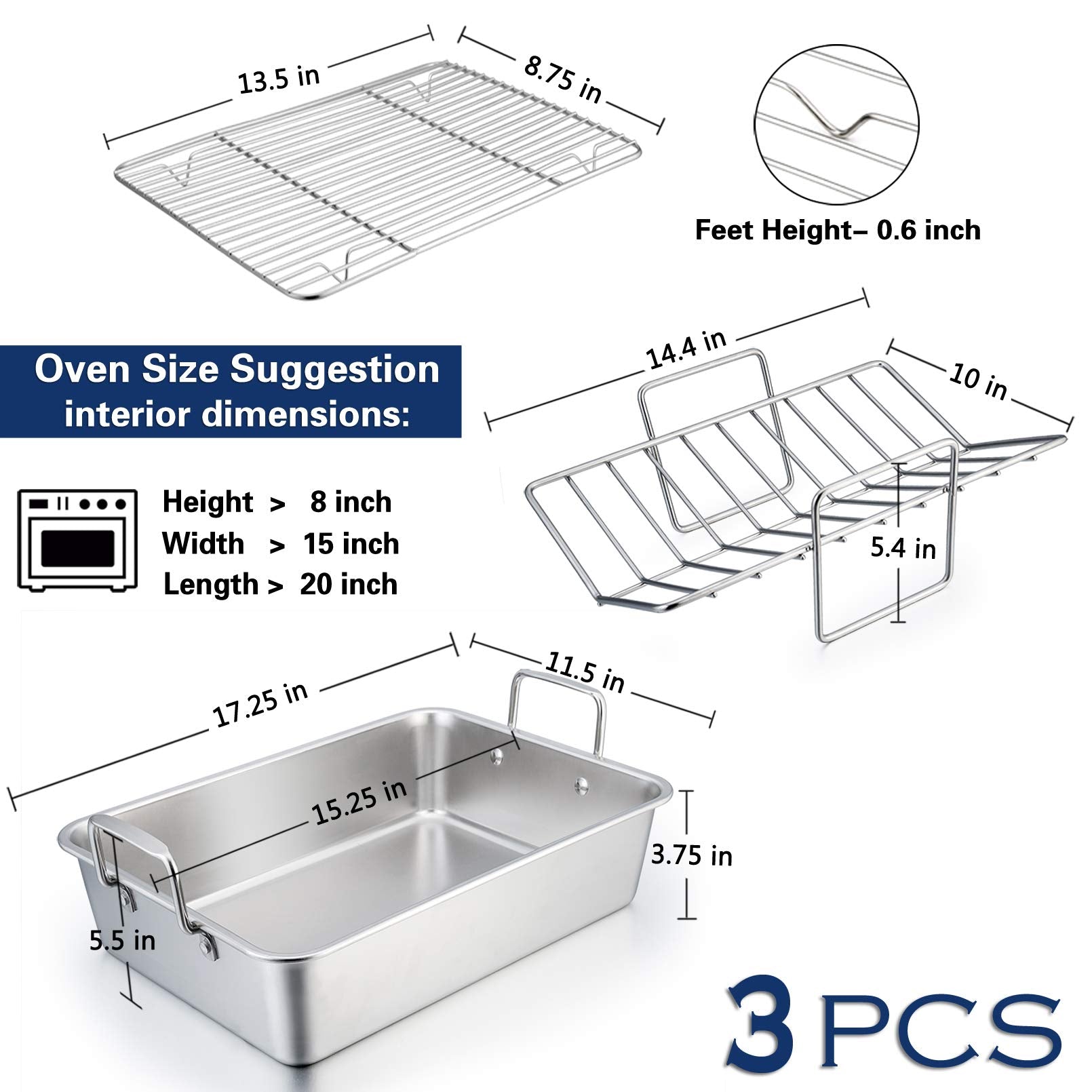 16    Roaster Roasting Pan With Baking Rack And V-Shaped Rack, P&P Chef Stainless Steel Rectangular Lasagna Pan With Handles For