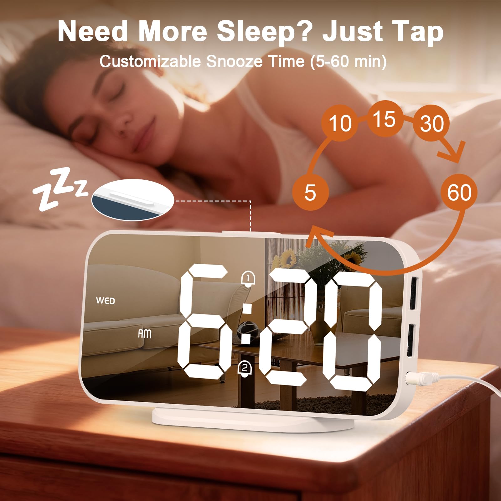 ALANAS Slim Digital Alarm Clock for Bedrooms, Dual Alarms with Snooze, Big LED Mirror Display, 4-Level Dimmer & 2 USB Ports, Bat