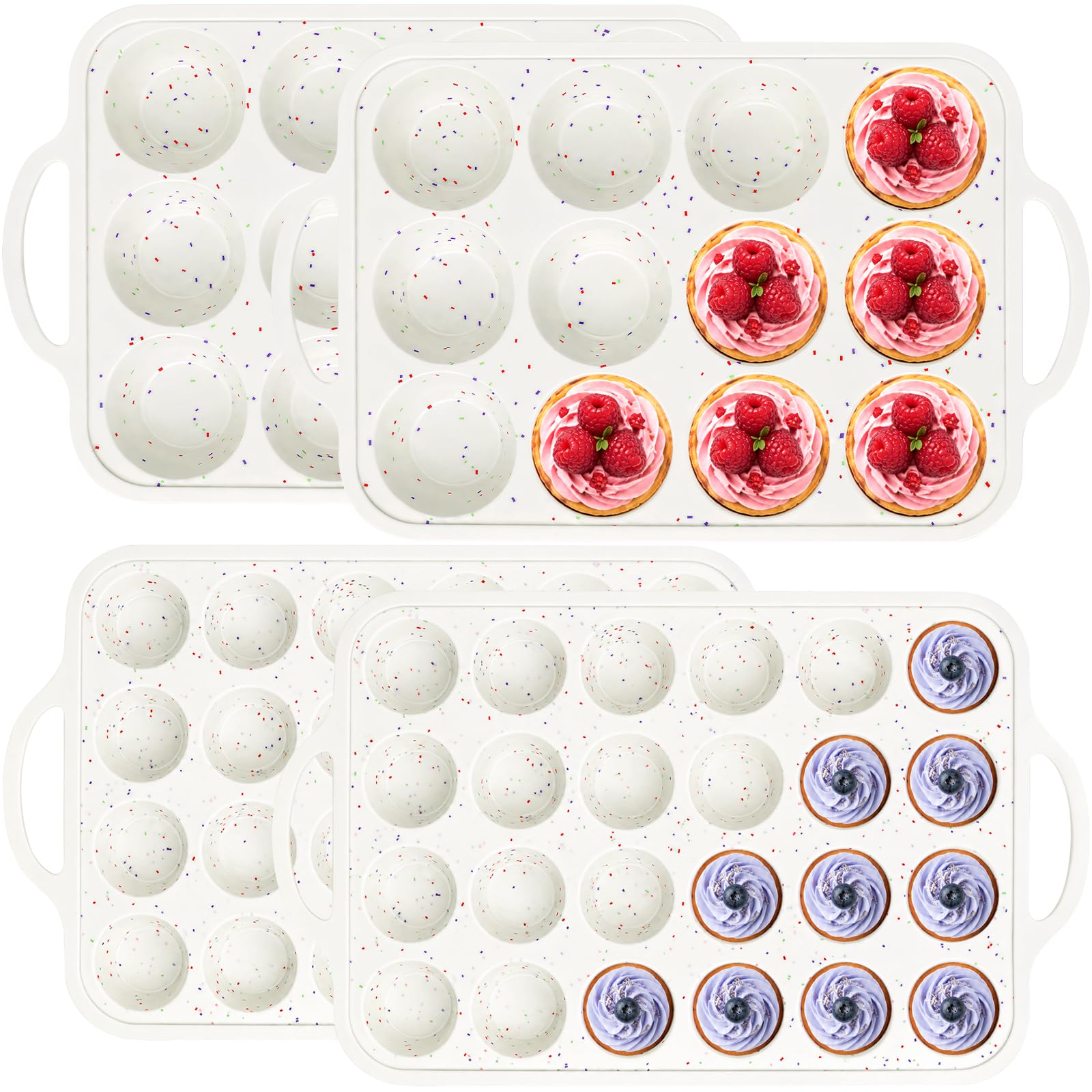 4 Pieces Silicone Muffin Pans for Baking, 12 Cups Regular and 24 Cups Mini Silicone Cupcake Pan Tray with Metal Reinforced Frame