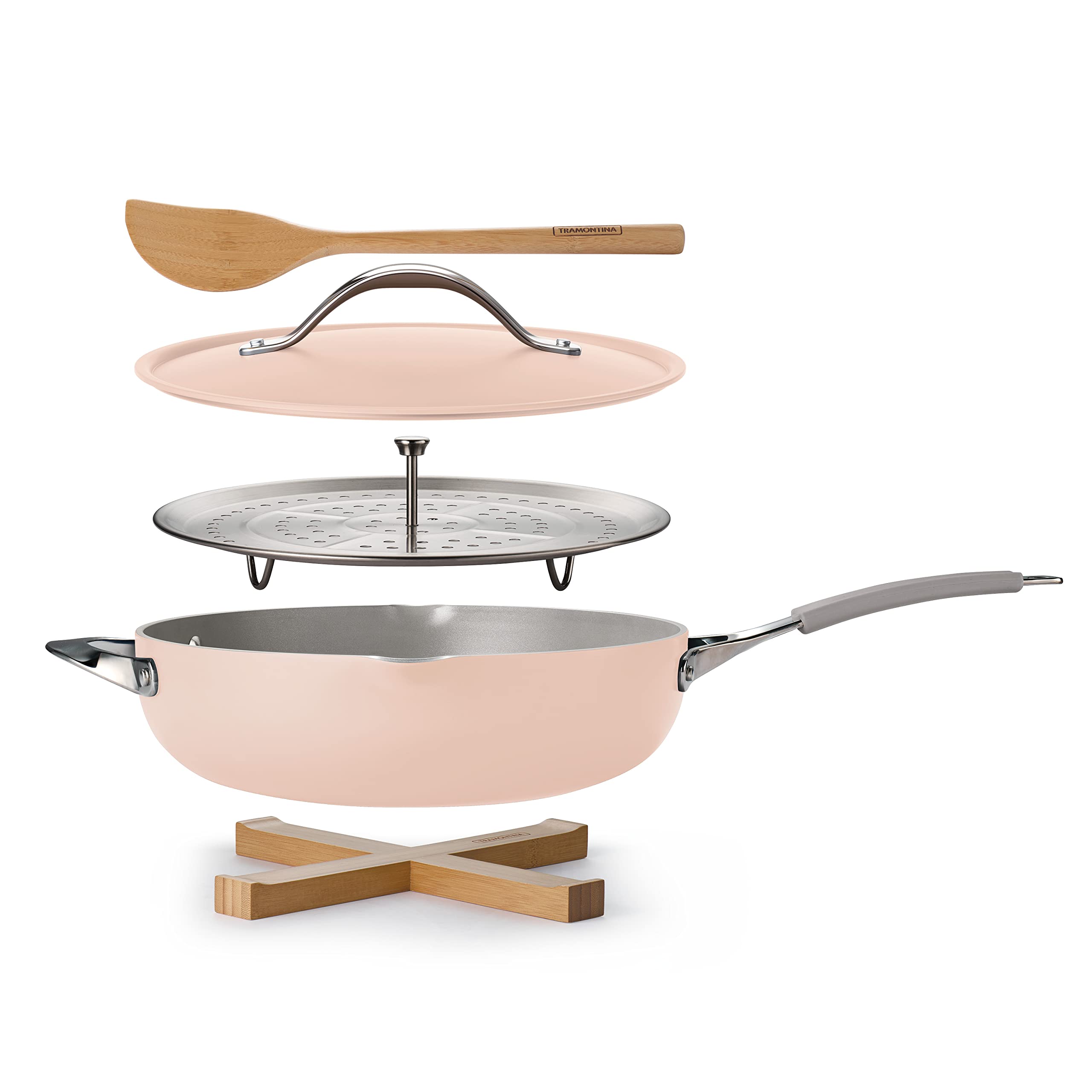 Tramontina All-In-One Plus Pan Set, 5-Quart Ceramic Non Stick Cooking Pan With Lid, Steamer Insert, Bamboo Utensil And Trivet, P