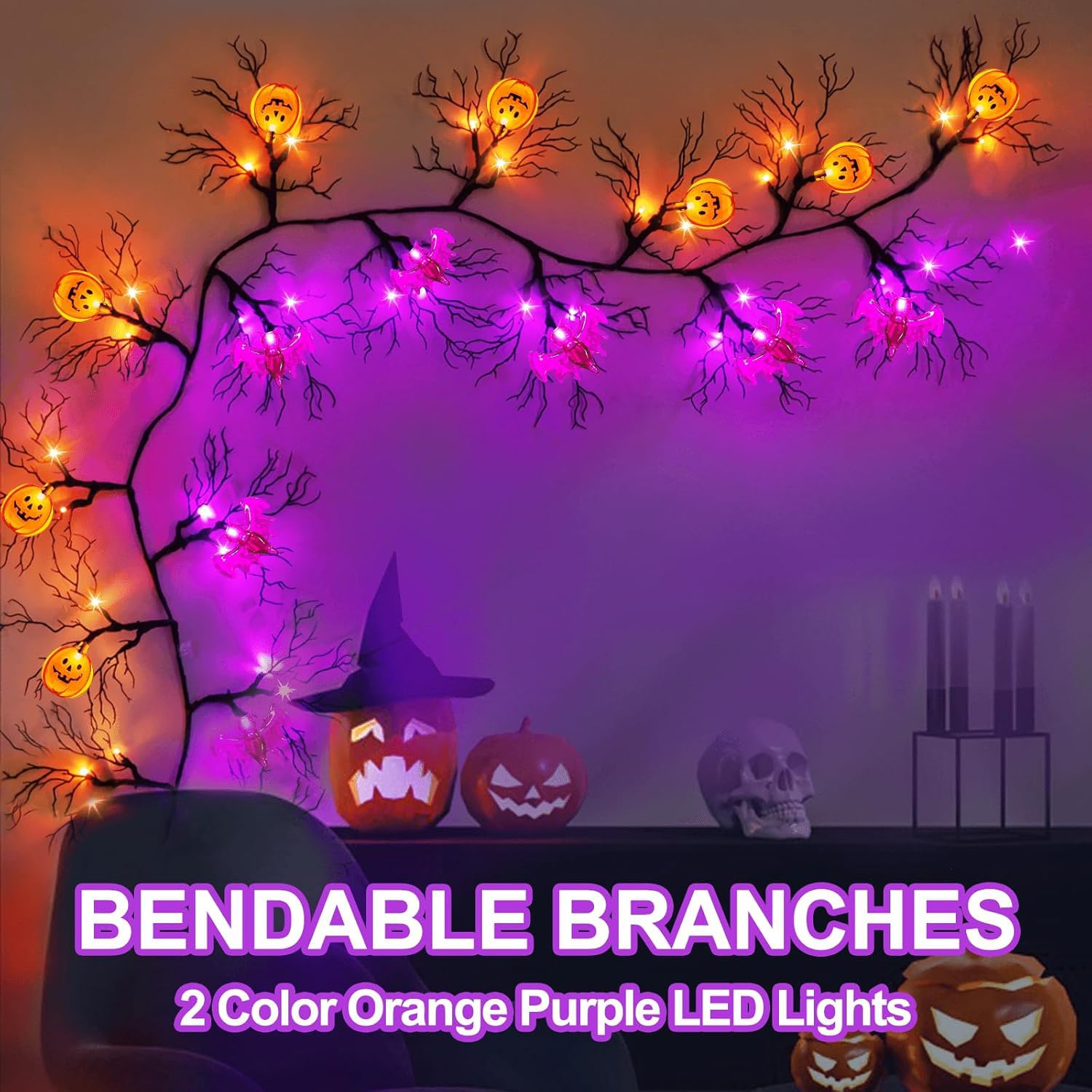 [ 8 Modes & Timer ] 6 Ft 45 LED Halloween Willow Vine Twig Garland Decorations, 8 Bat & Pumpkin Lights, Halloween Garland with W